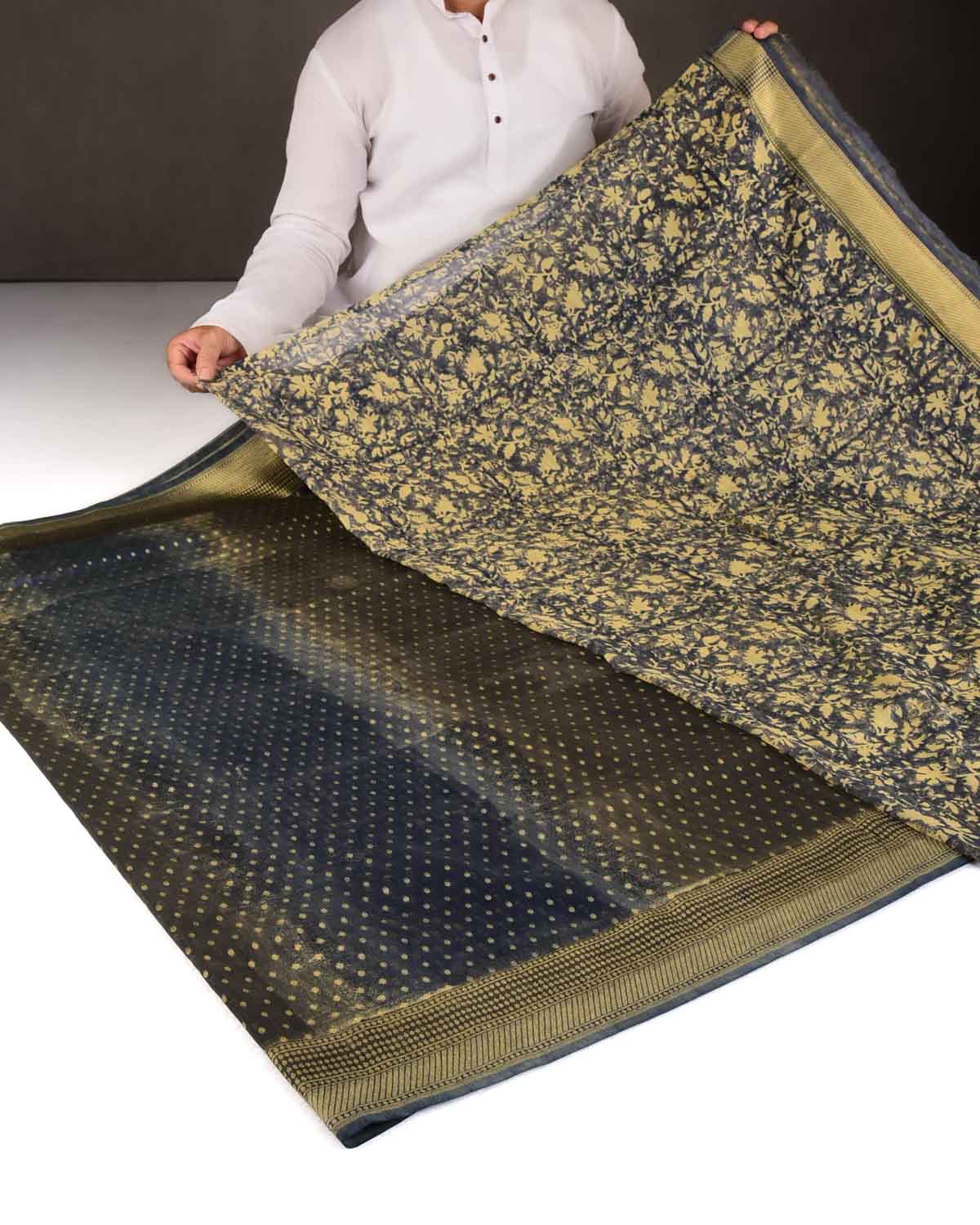 Mottled Black Gold Zari Buti Cutwork Brocade Woven Cotton Silk Banarasi Saree-HolyWeaves