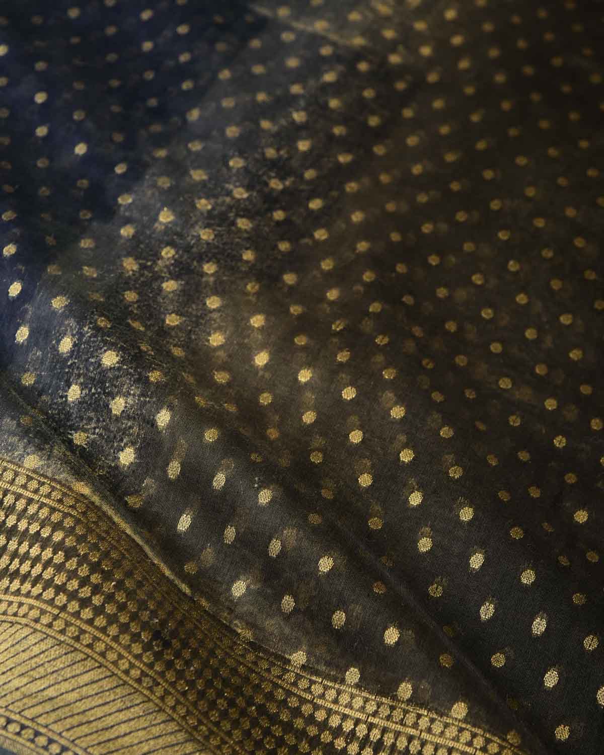 Mottled Black Gold Zari Buti Cutwork Brocade Woven Cotton Silk Banarasi Saree-HolyWeaves