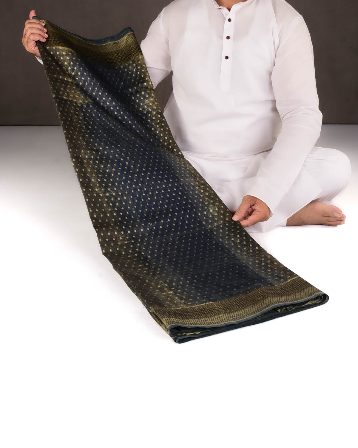 Mottled Black Gold Zari Buti Cutwork Brocade Woven Cotton Silk Banarasi Saree-HolyWeaves