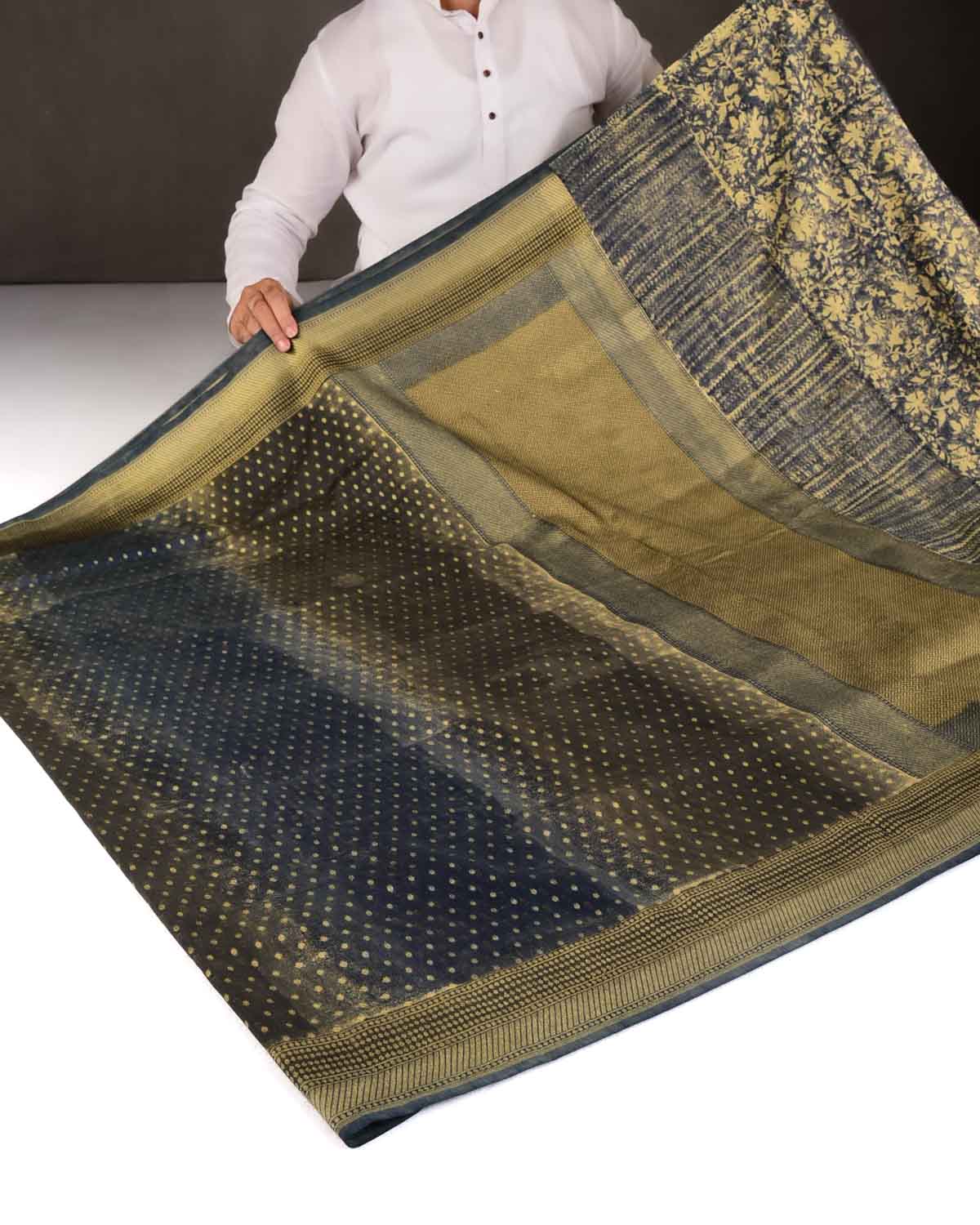 Mottled Black Gold Zari Buti Cutwork Brocade Woven Cotton Silk Banarasi Saree-HolyWeaves