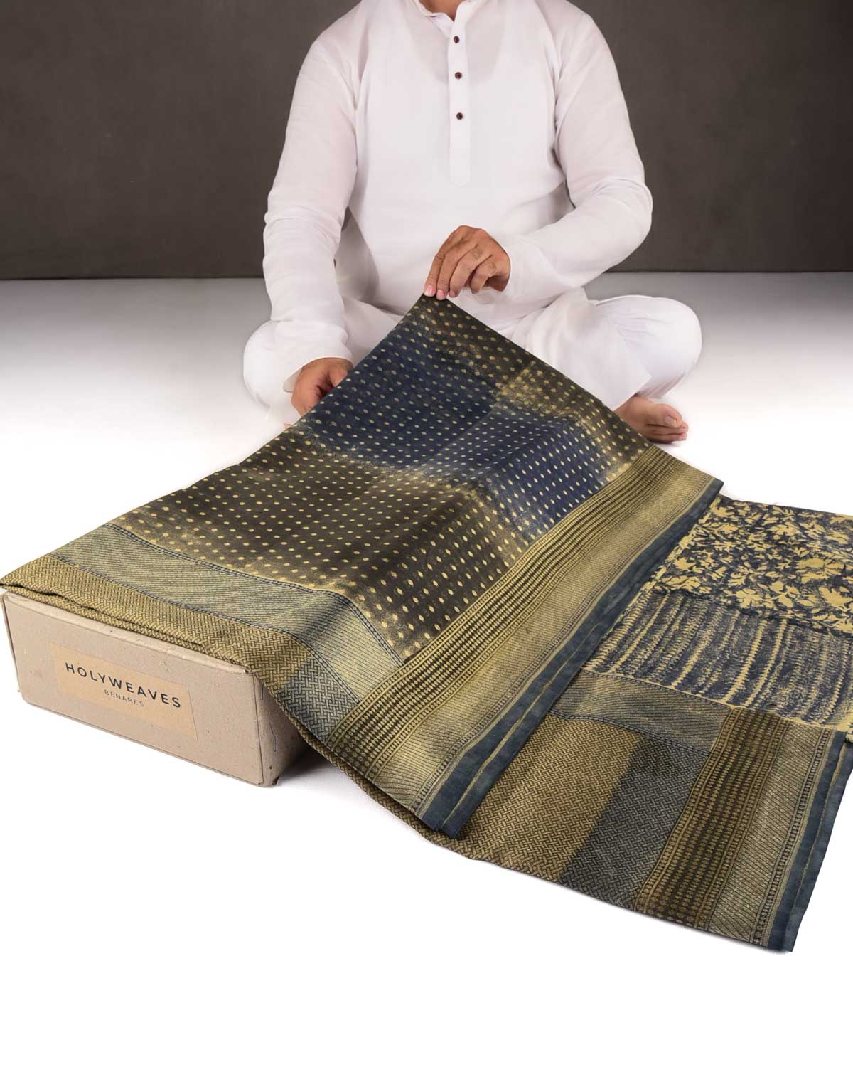 Mottled Black Gold Zari Buti Cutwork Brocade Woven Cotton Silk Banarasi Saree-HolyWeaves