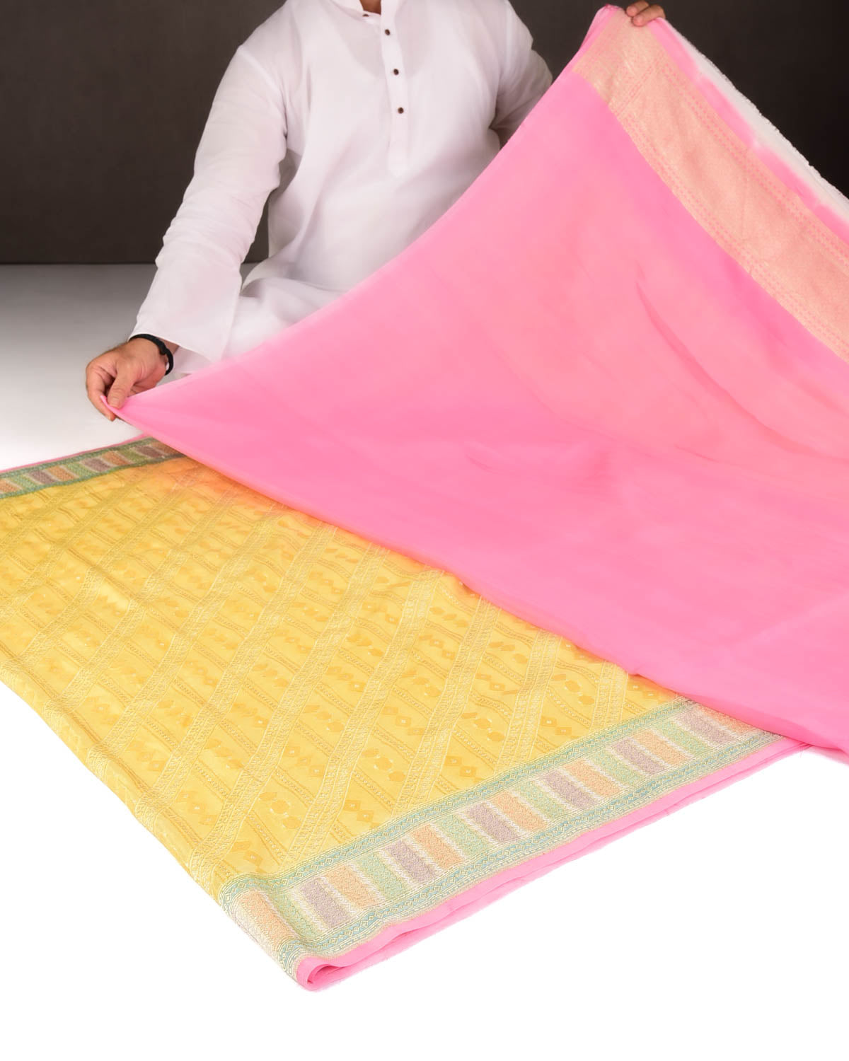 Yellow Gold Zari Jaal Hand Brush Dye Border Cutwork Brocade Handwoven Khaddi Georgette Banarasi Saree-HolyWeaves