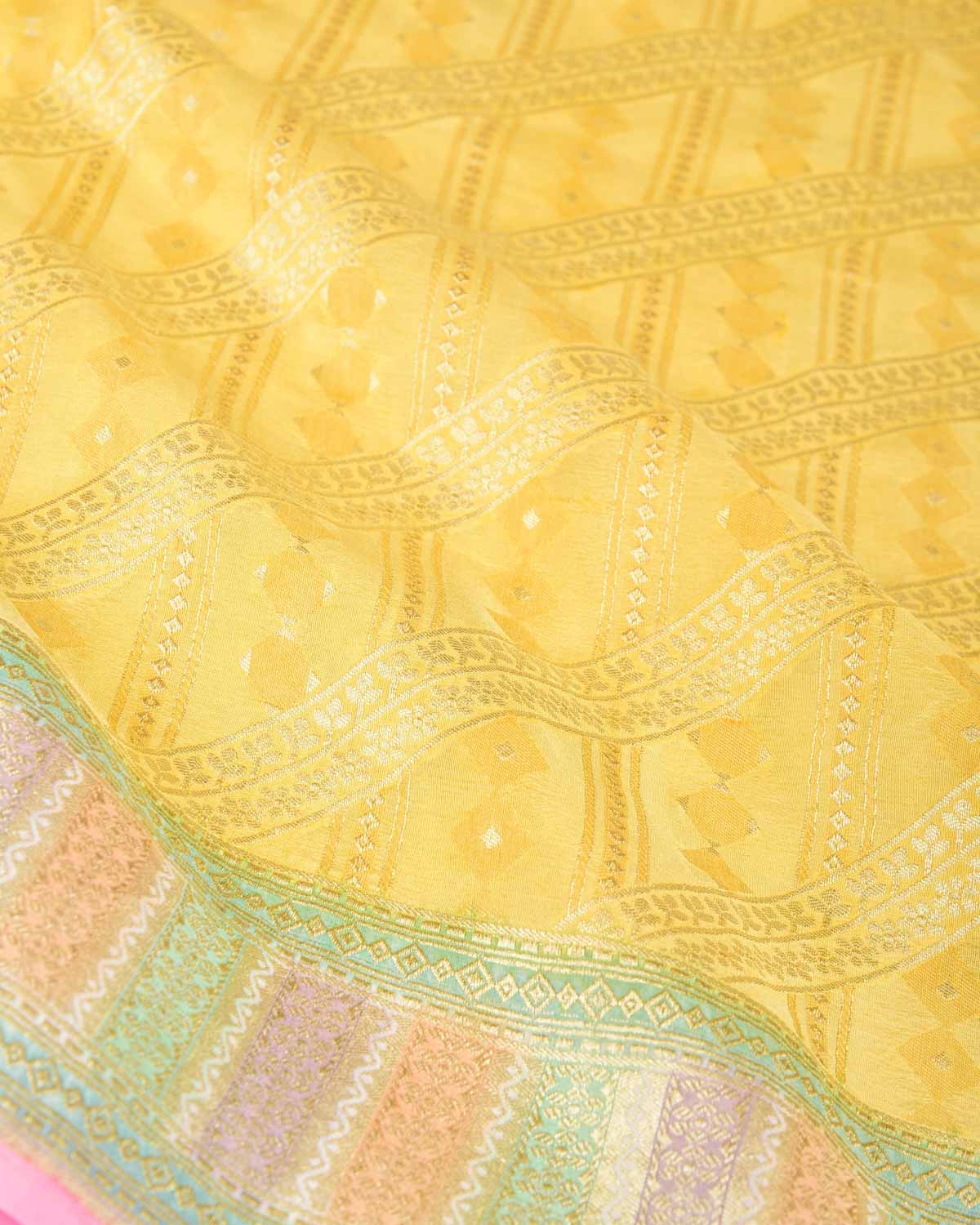 Yellow Gold Zari Jaal Hand Brush Dye Border Cutwork Brocade Handwoven Khaddi Georgette Banarasi Saree-HolyWeaves