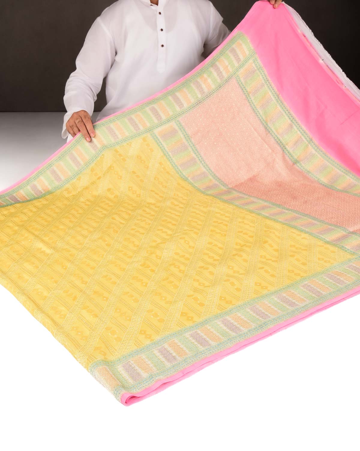 Yellow Gold Zari Jaal Hand Brush Dye Border Cutwork Brocade Handwoven Khaddi Georgette Banarasi Saree-HolyWeaves
