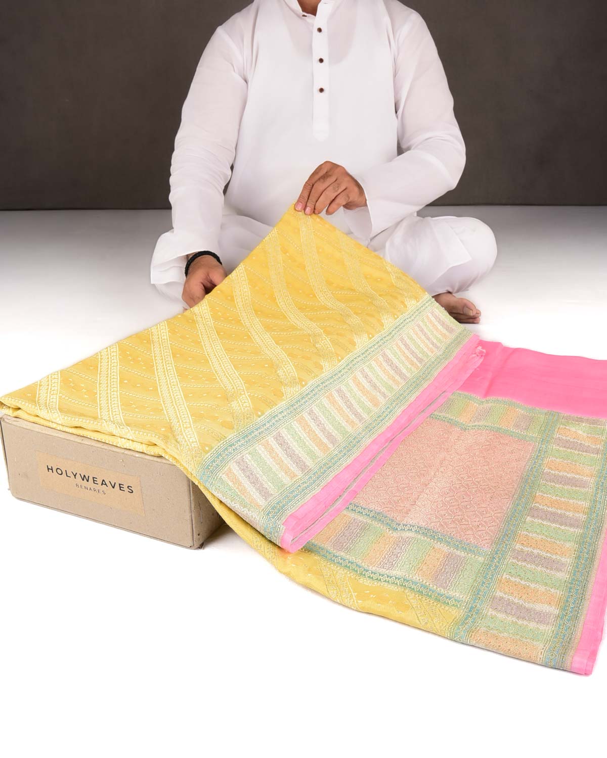 Yellow Gold Zari Jaal Hand Brush Dye Border Cutwork Brocade Handwoven Khaddi Georgette Banarasi Saree-HolyWeaves