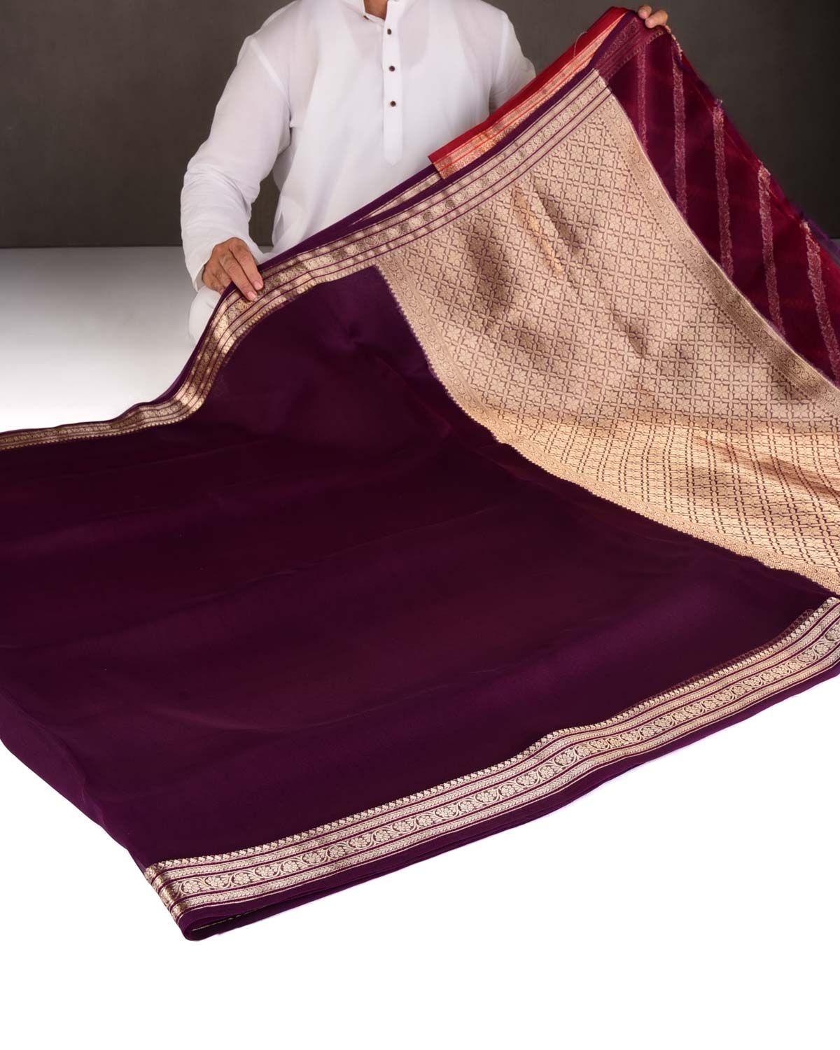 Purple Gold Zari Border Pallu Brocade Woven Kora Silk Banarasi Saree-HolyWeaves