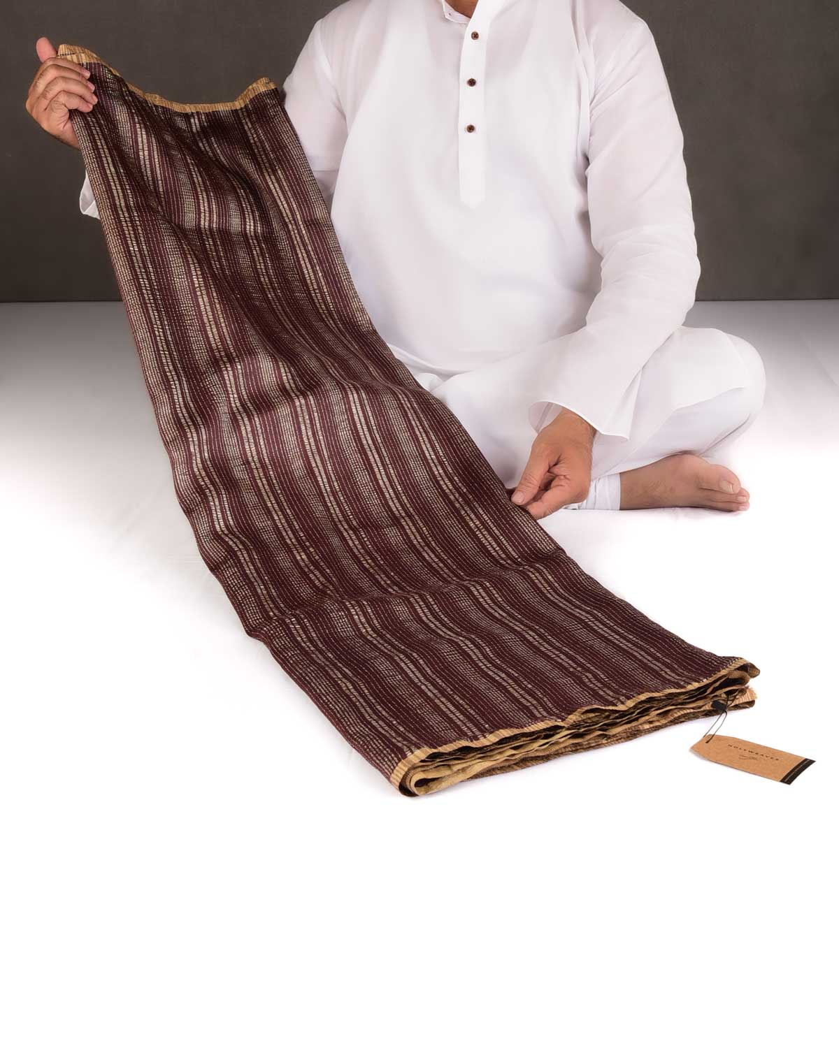 Mahogany Zari Crush Stripes Brocade Woven Muga Silk Banarasi Saree
