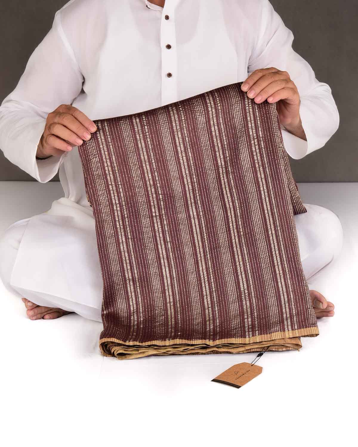 Mahogany Zari Crush Stripes Brocade Woven Muga Silk Banarasi Saree