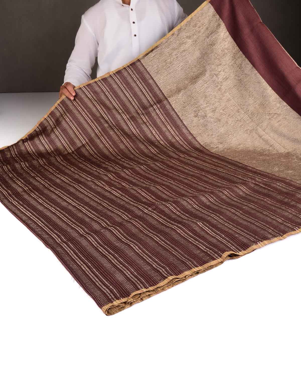 Mahogany Zari Crush Stripes Brocade Woven Muga Silk Banarasi Saree