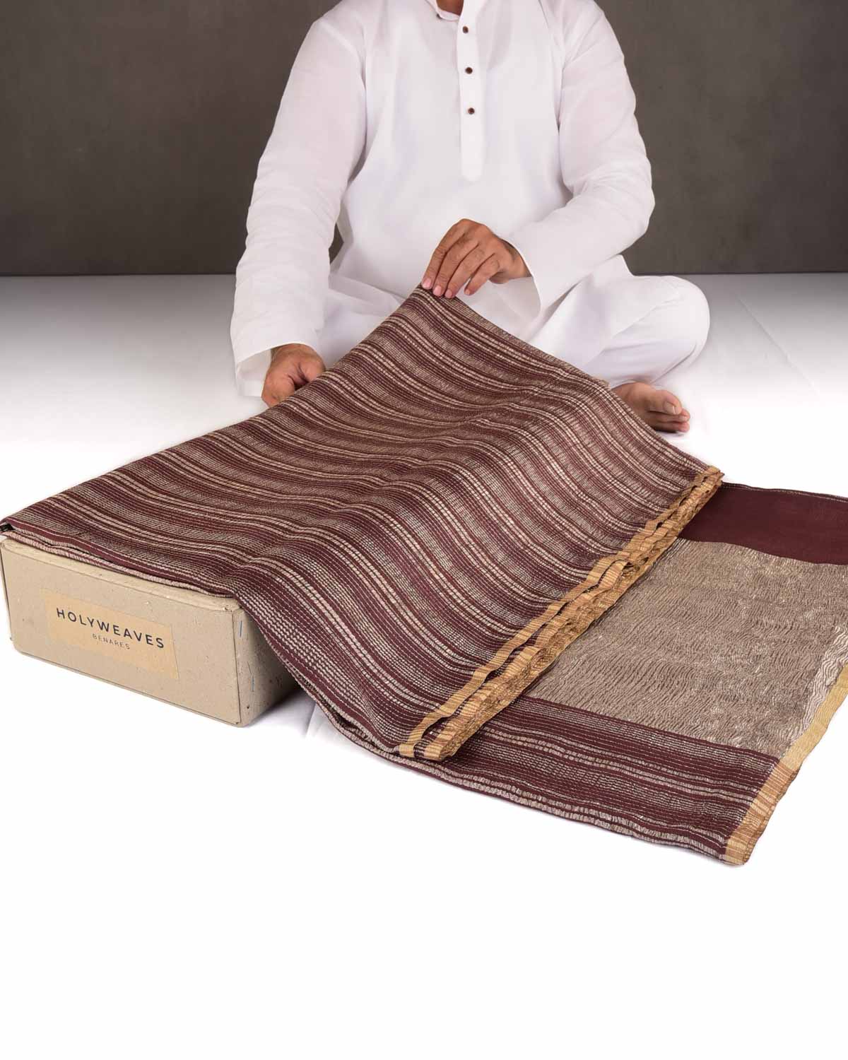 Mahogany Zari Crush Stripes Brocade Woven Muga Silk Banarasi Saree