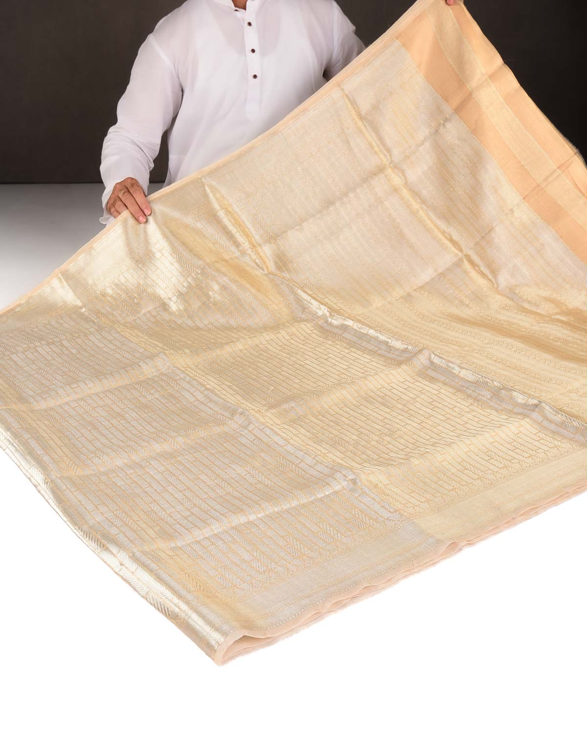 Metallic Gold Silver Zari Stripes Brocade Woven Kora Tissue Banarasi Saree