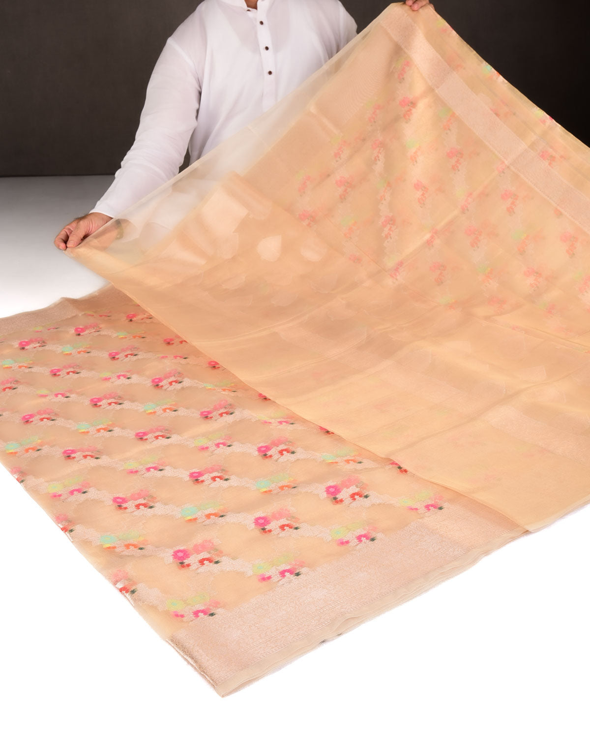 Metallic Gold Zari & Resham Floral Diagonal Bel Brocade Woven Kora Tissue Banarasi Saree-HolyWeaves