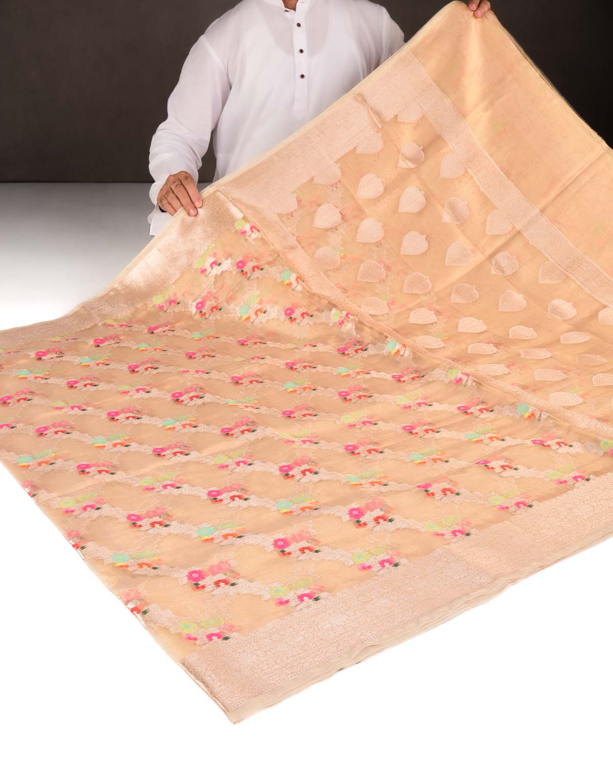 Metallic Gold Zari & Resham Floral Diagonal Bel Brocade Woven Kora Tissue Banarasi Saree-HolyWeaves