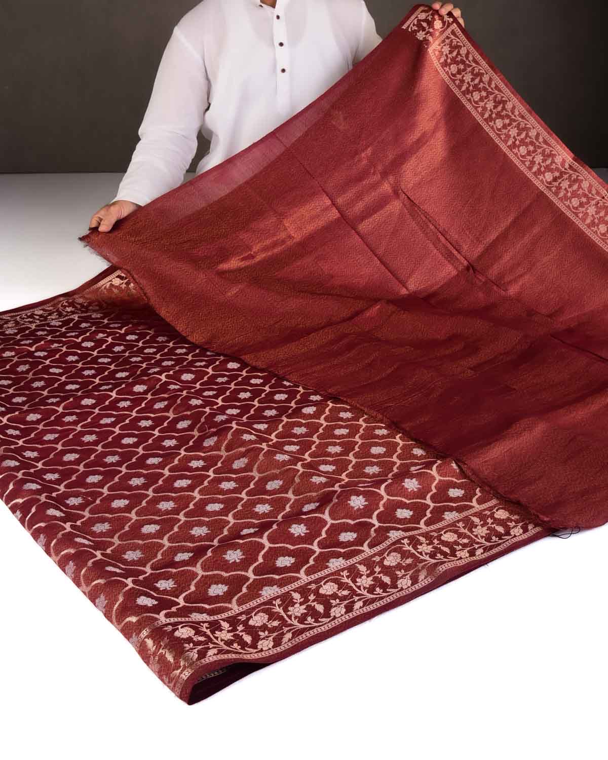 Mahogany Gold & Silver Zari Jangla Cutwork Brocade Woven Dupion Tissue Banarasi Saree