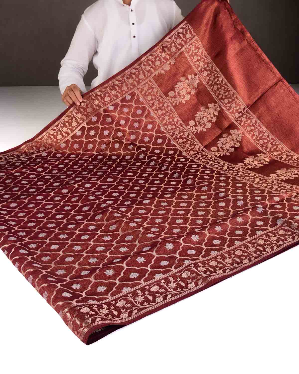 Mahogany Gold & Silver Zari Jangla Cutwork Brocade Woven Dupion Tissue Banarasi Saree