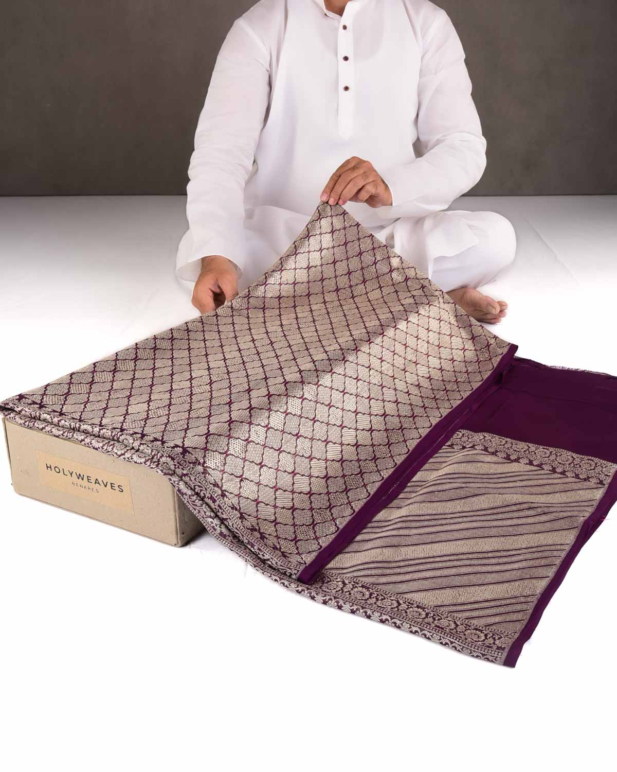 Purple Gold Zari Brocade Woven Khaddi Georgette Banarasi Saree with Red Meena