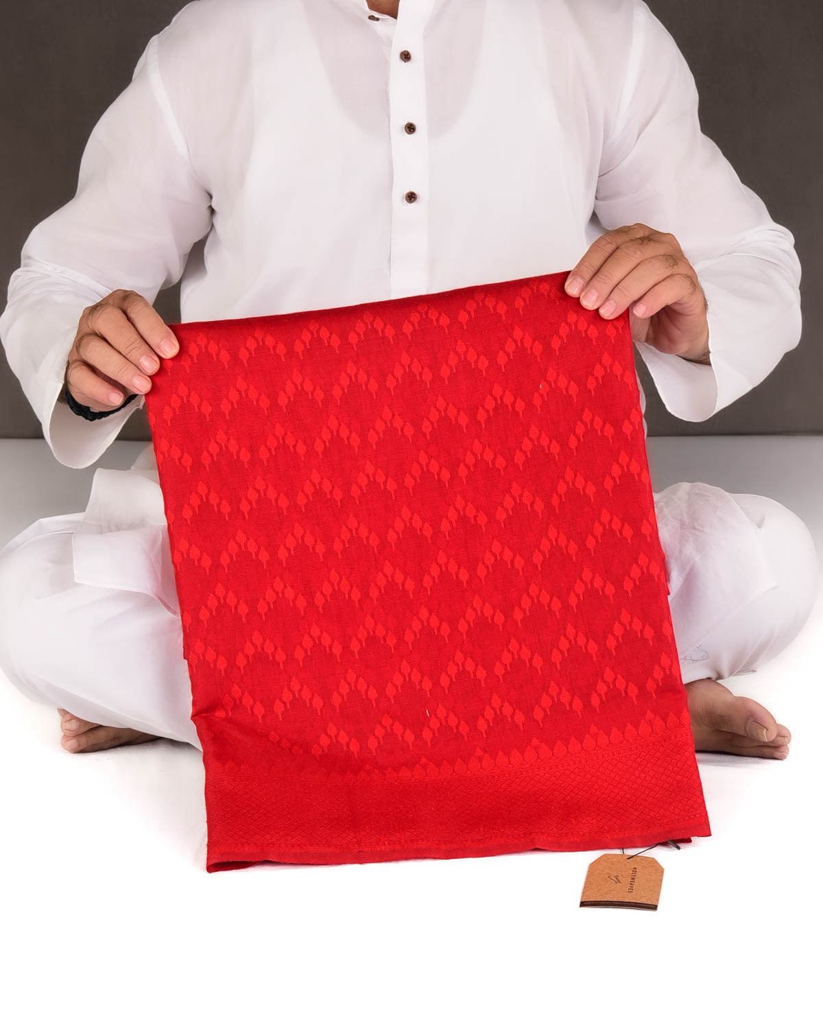 Red Self Buti Cutwork Brocade Woven Art Cotton Silk Banarasi Saree-HolyWeaves