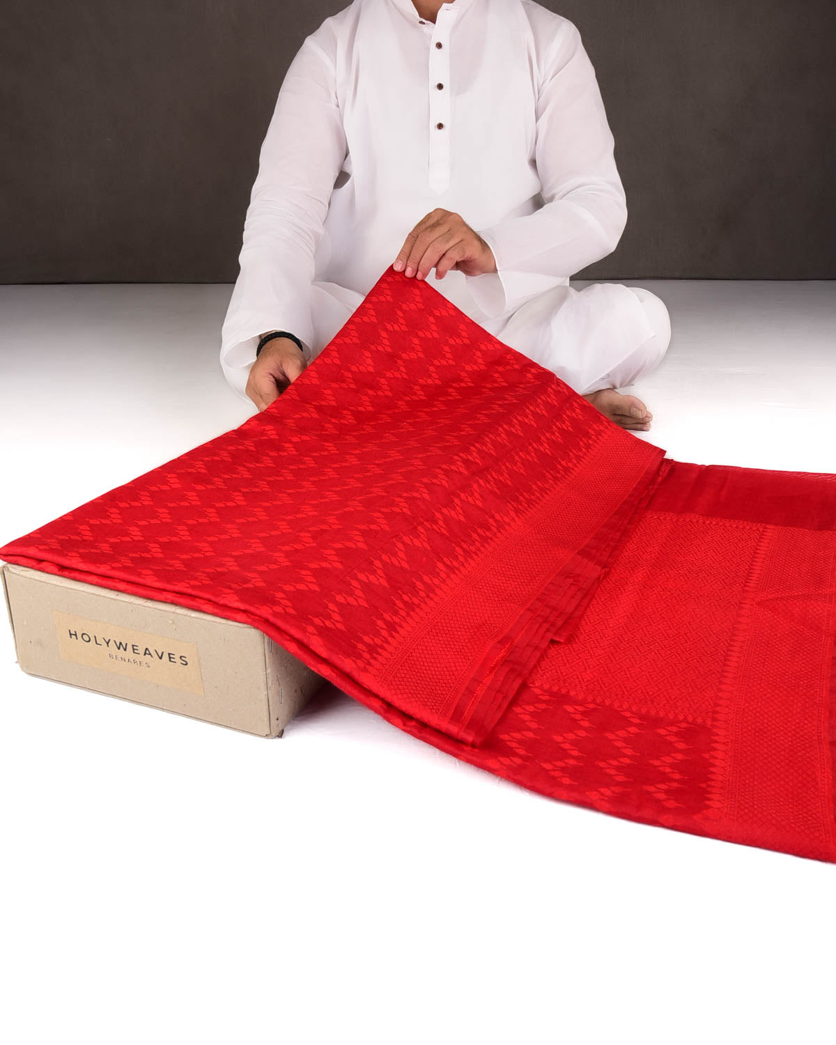 Red Self Buti Cutwork Brocade Woven Art Cotton Silk Banarasi Saree-HolyWeaves