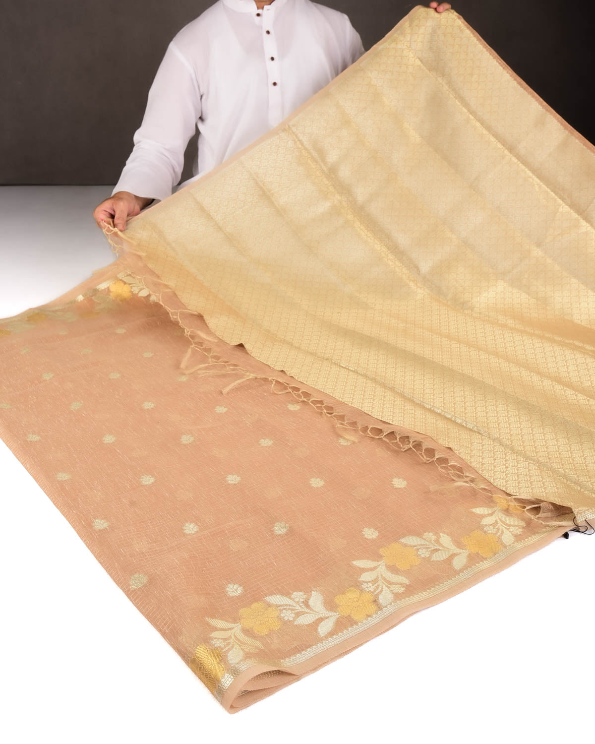Beige Gold Stripe Silver Buti Cutwork Brocade Woven Art Cotton Silk Banarasi Saree-HolyWeaves