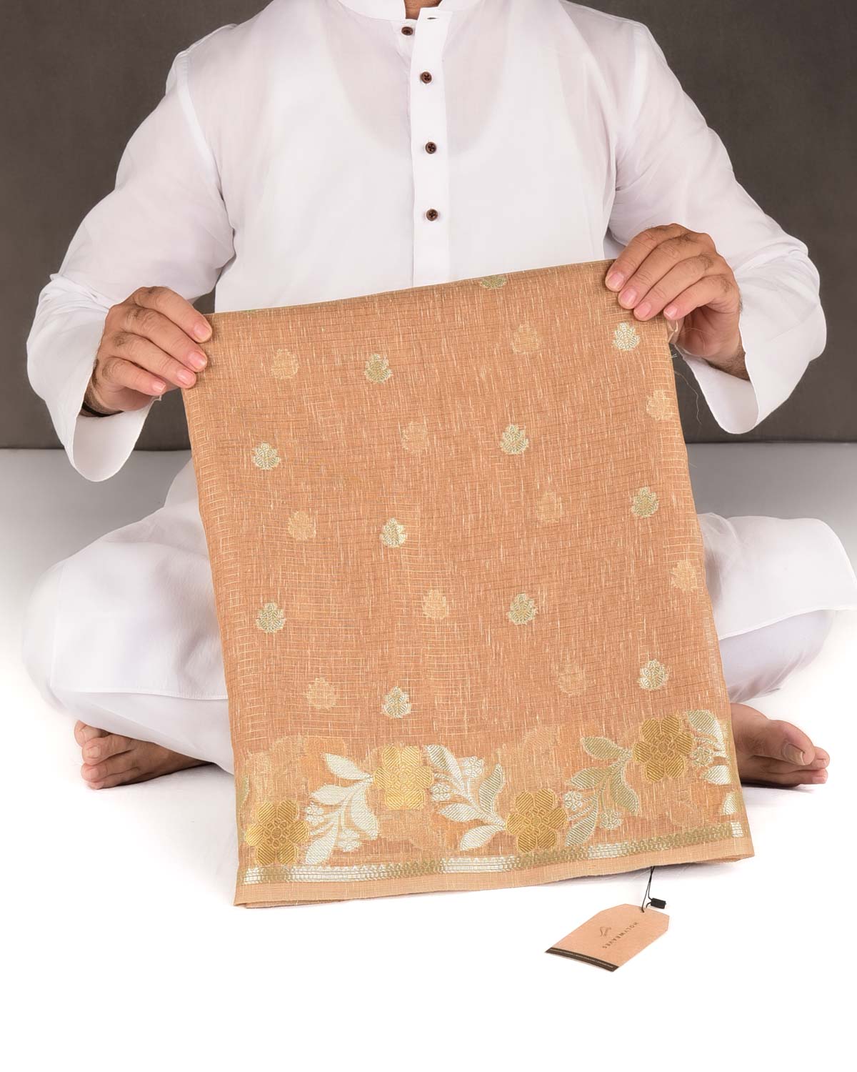 Beige Gold Stripe Silver Buti Cutwork Brocade Woven Art Cotton Silk Banarasi Saree-HolyWeaves