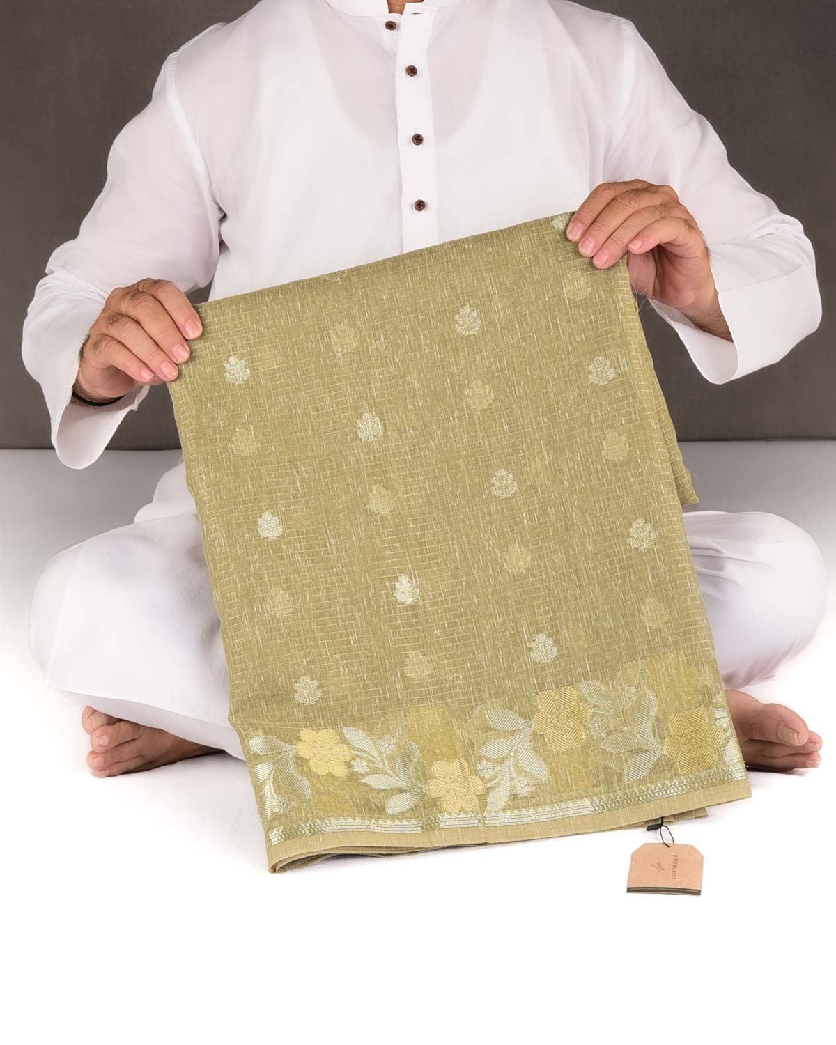 Light Olive Green Gold Stripe Silver Buti Cutwork Brocade Woven Art Cotton Silk Banarasi Saree-HolyWeaves