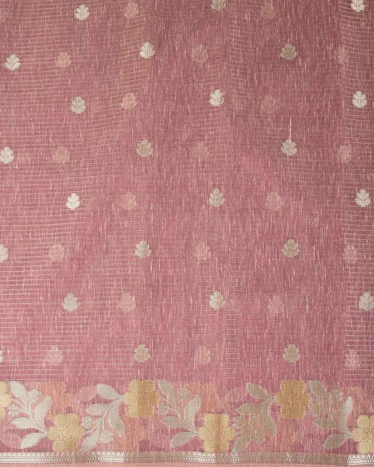 Textured Mauve Gold Stripe Silver Buti Cutwork Brocade Woven Art Cotton Silk Banarasi Saree-HolyWeaves