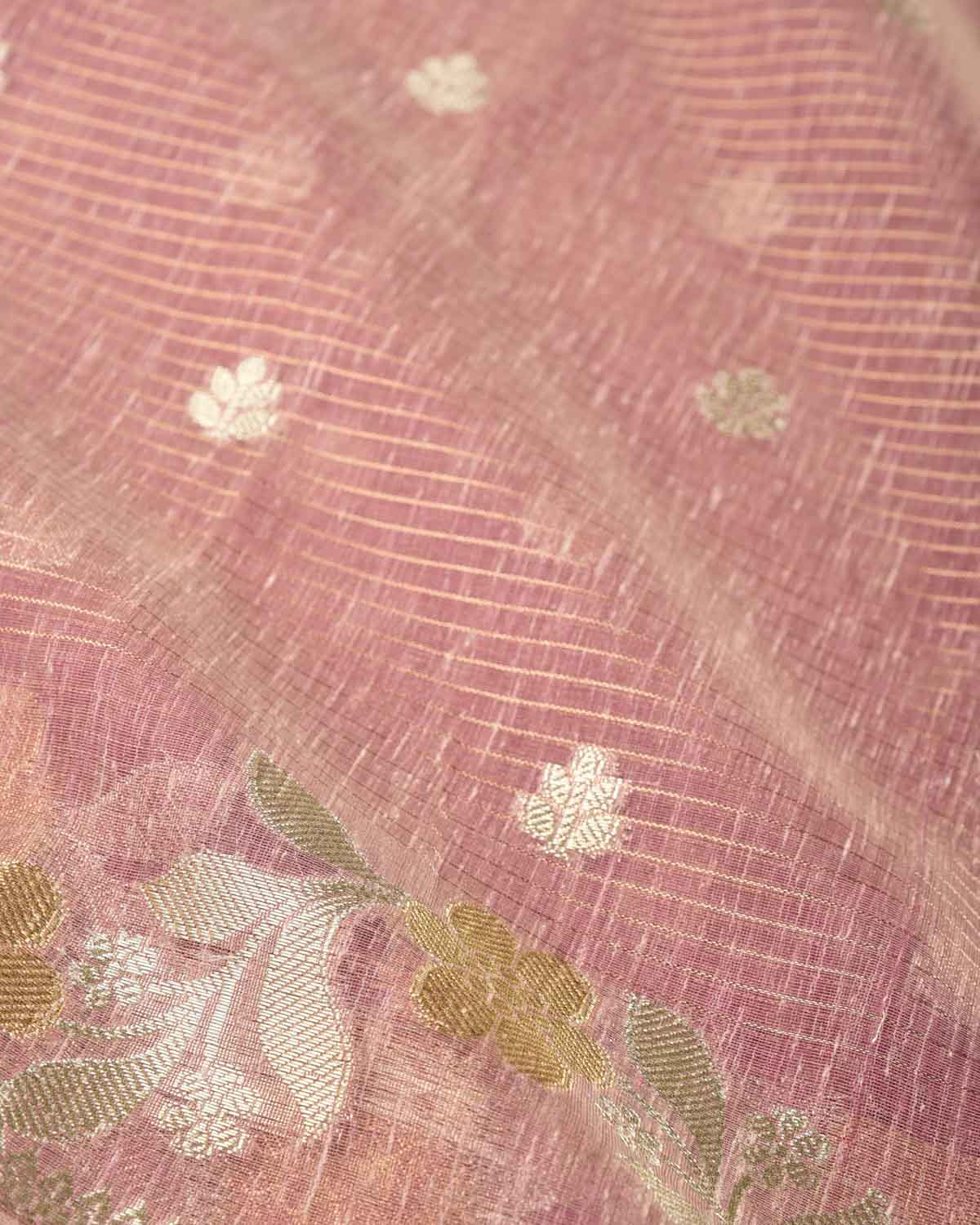 Textured Mauve Gold Stripe Silver Buti Cutwork Brocade Woven Art Cotton Silk Banarasi Saree-HolyWeaves