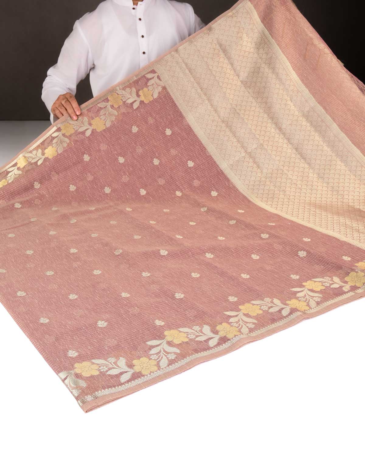 Textured Mauve Gold Stripe Silver Buti Cutwork Brocade Woven Art Cotton Silk Banarasi Saree-HolyWeaves