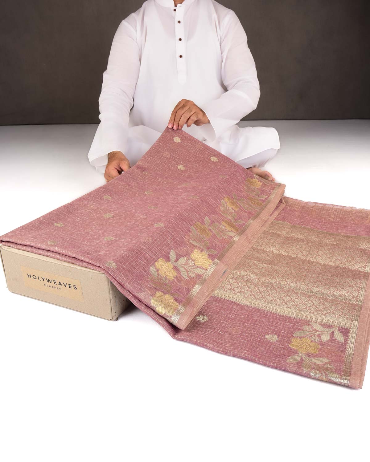 Textured Mauve Gold Stripe Silver Buti Cutwork Brocade Woven Art Cotton Silk Banarasi Saree-HolyWeaves