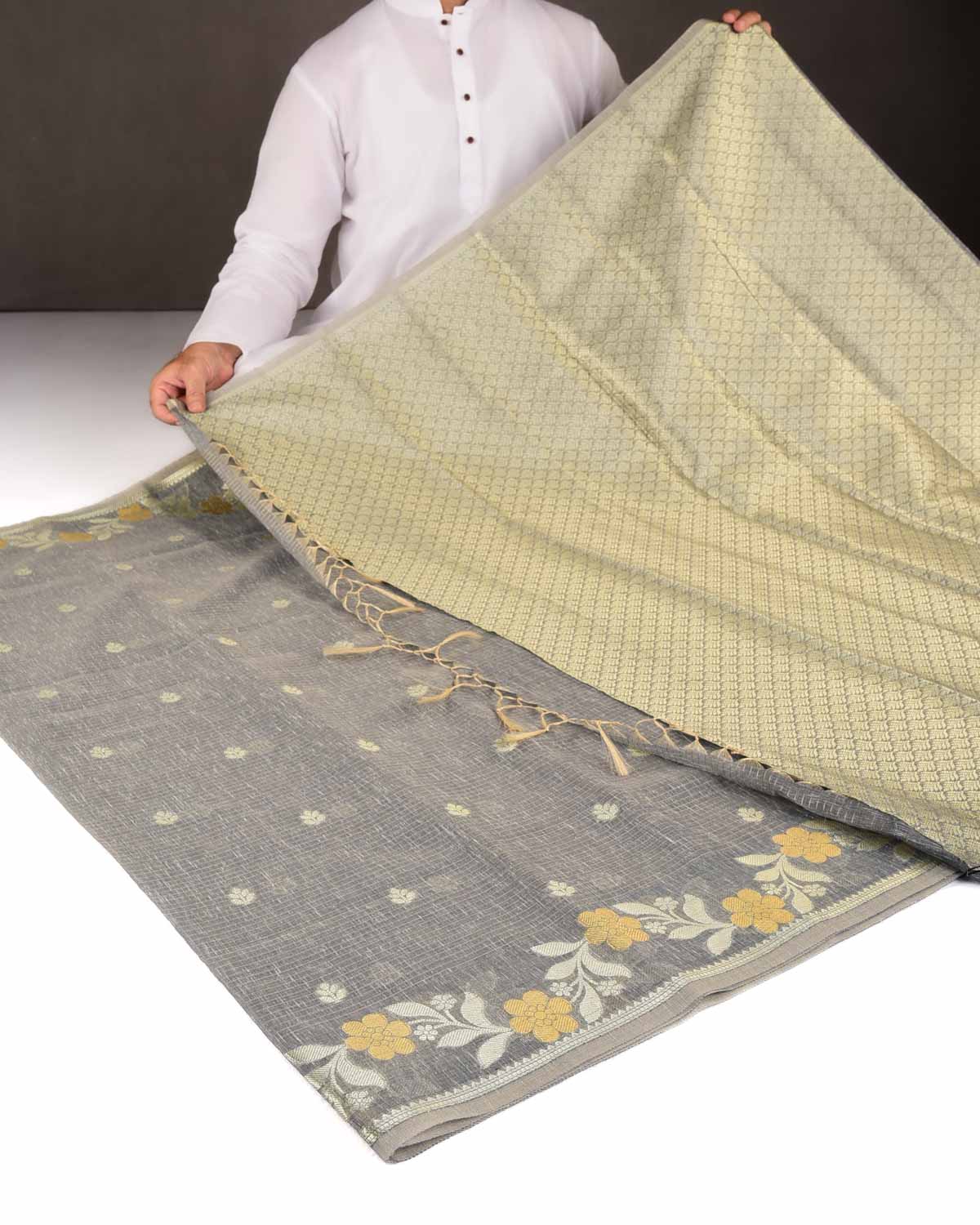 Textured Gray Gold Stripe Silver Buti Cutwork Brocade Woven Art Cotton Silk Banarasi Saree