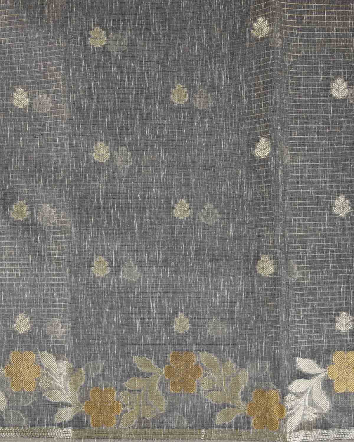Textured Gray Gold Stripe Silver Buti Cutwork Brocade Woven Art Cotton Silk Banarasi Saree