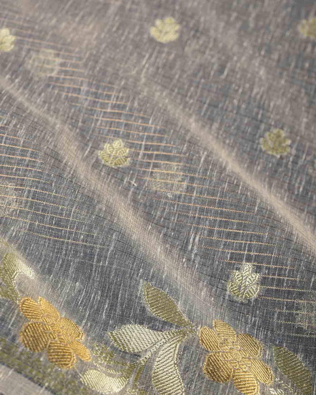 Textured Gray Gold Stripe Silver Buti Cutwork Brocade Woven Art Cotton Silk Banarasi Saree