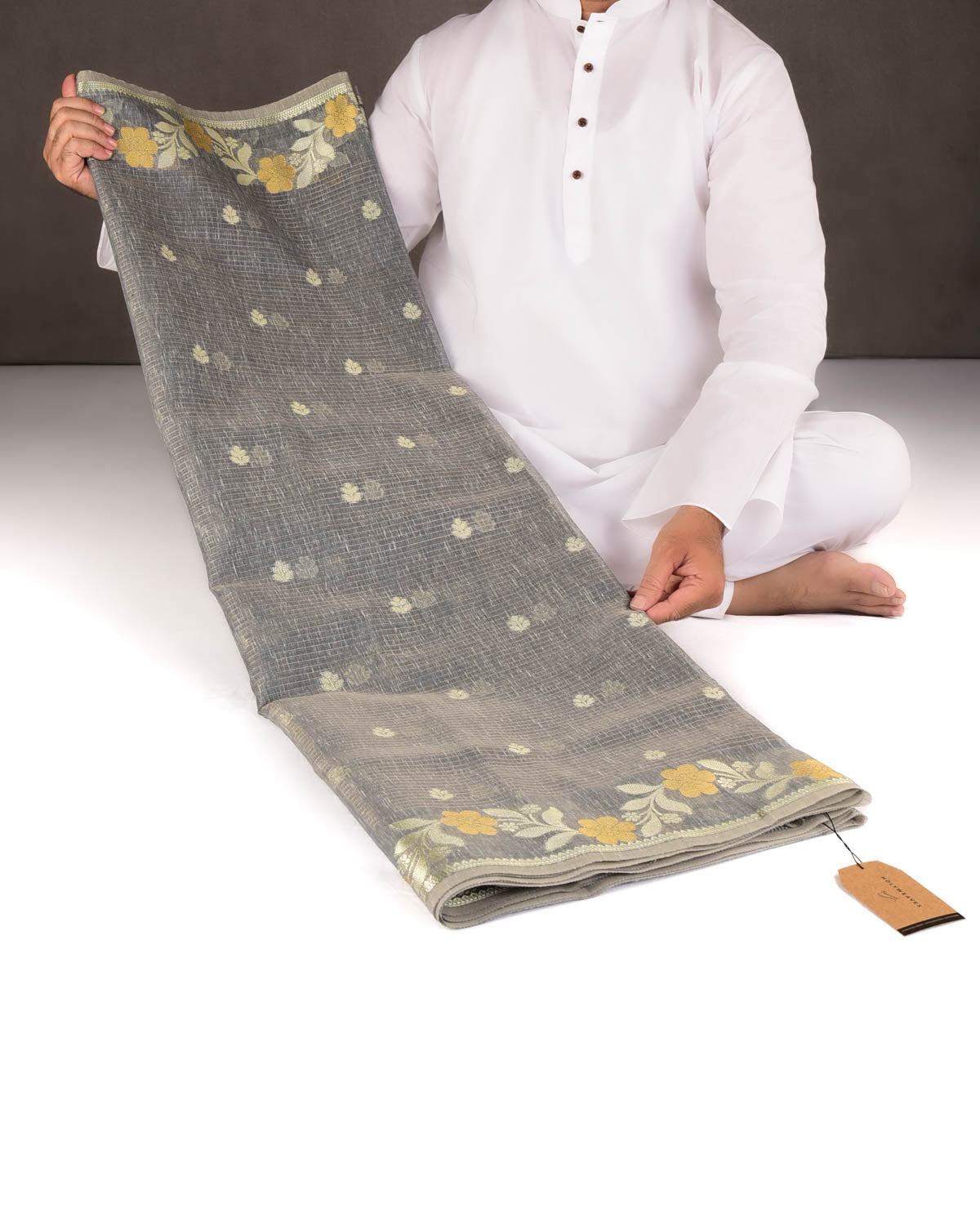 Textured Gray Gold Stripe Silver Buti Cutwork Brocade Woven Art Cotton Silk Banarasi Saree