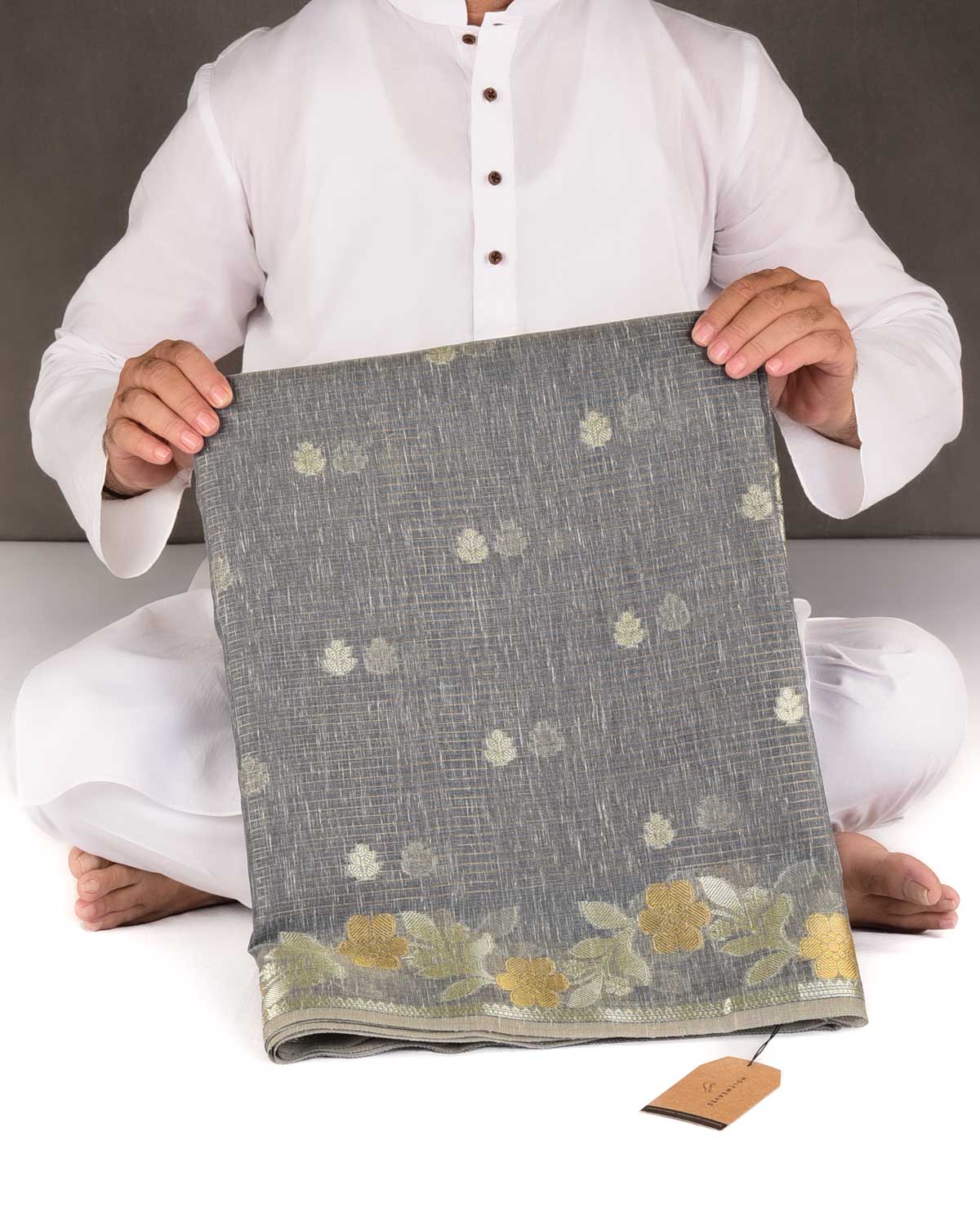 Textured Gray Gold Stripe Silver Buti Cutwork Brocade Woven Art Cotton Silk Banarasi Saree