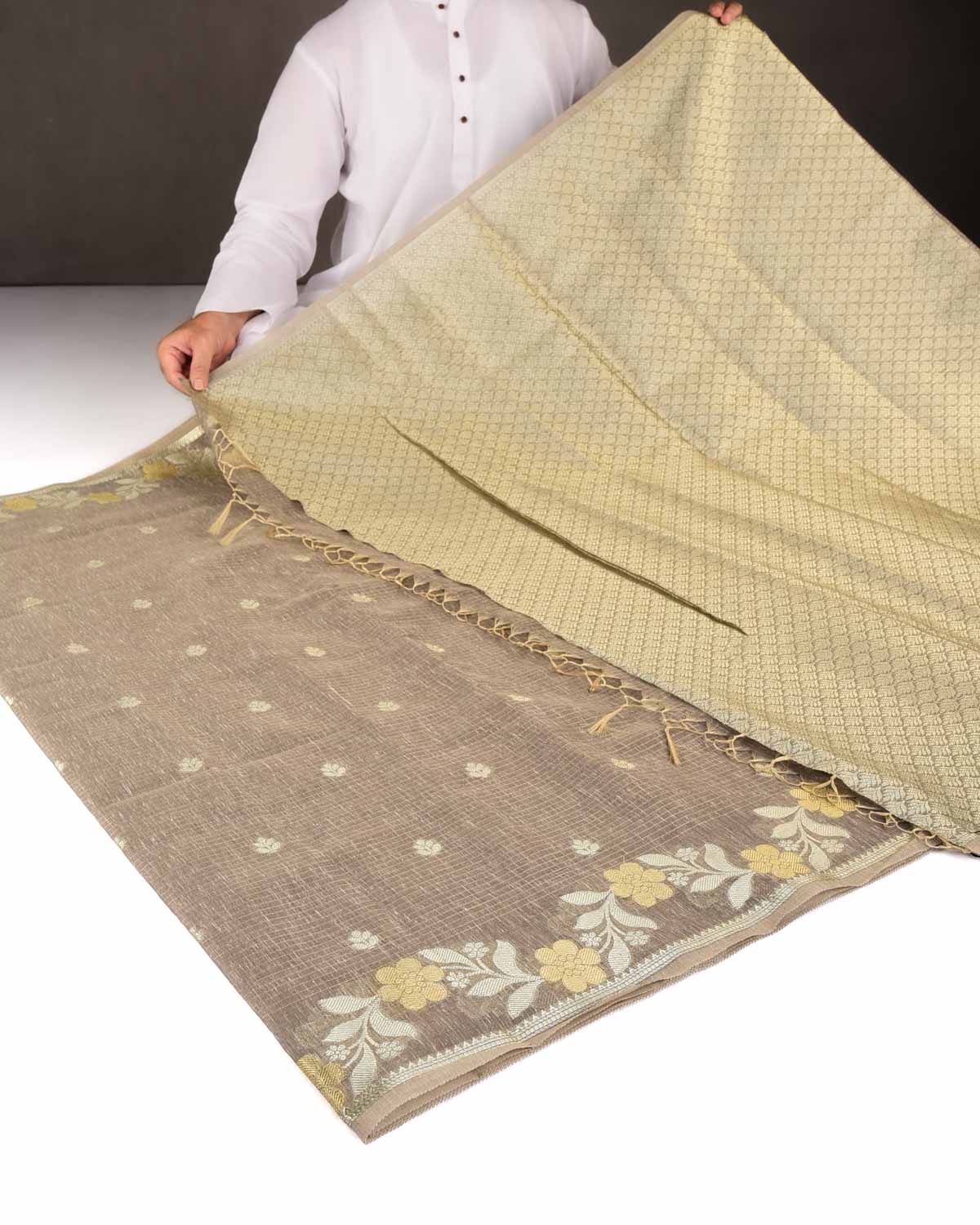 Textured Brown Gold Stripe Silver Buti Cutwork Brocade Woven Art Cotton Silk Banarasi Saree