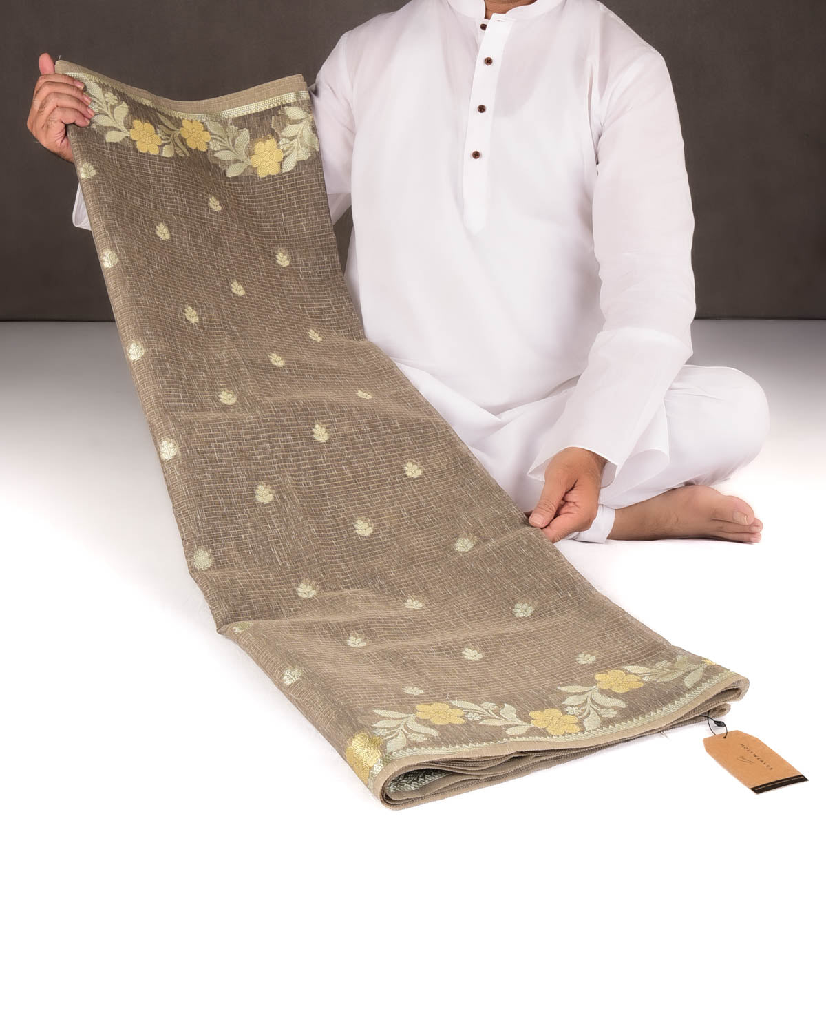 Textured Brown Gold Stripe Silver Buti Cutwork Brocade Woven Art Cotton Silk Banarasi Saree