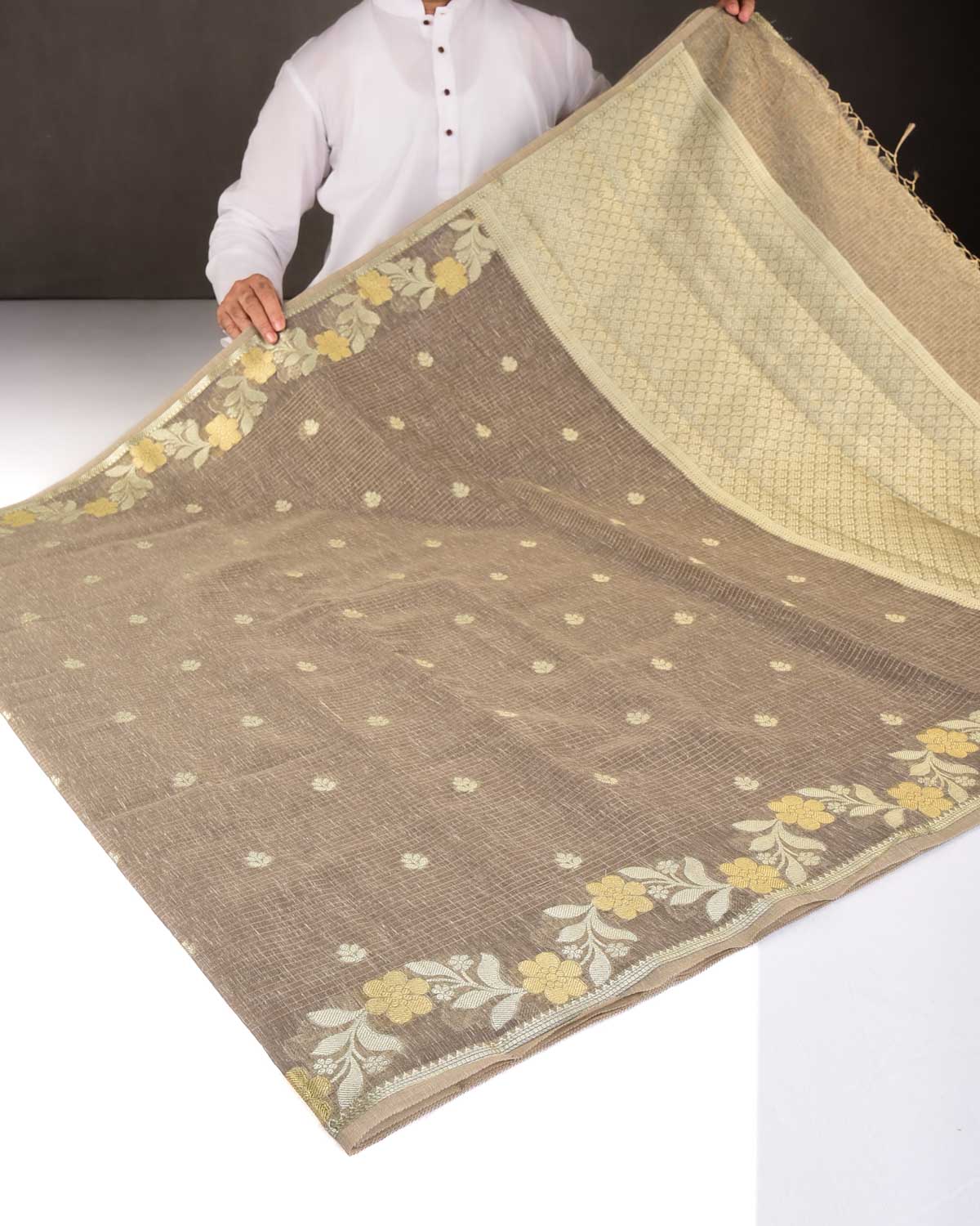 Textured Brown Gold Stripe Silver Buti Cutwork Brocade Woven Art Cotton Silk Banarasi Saree