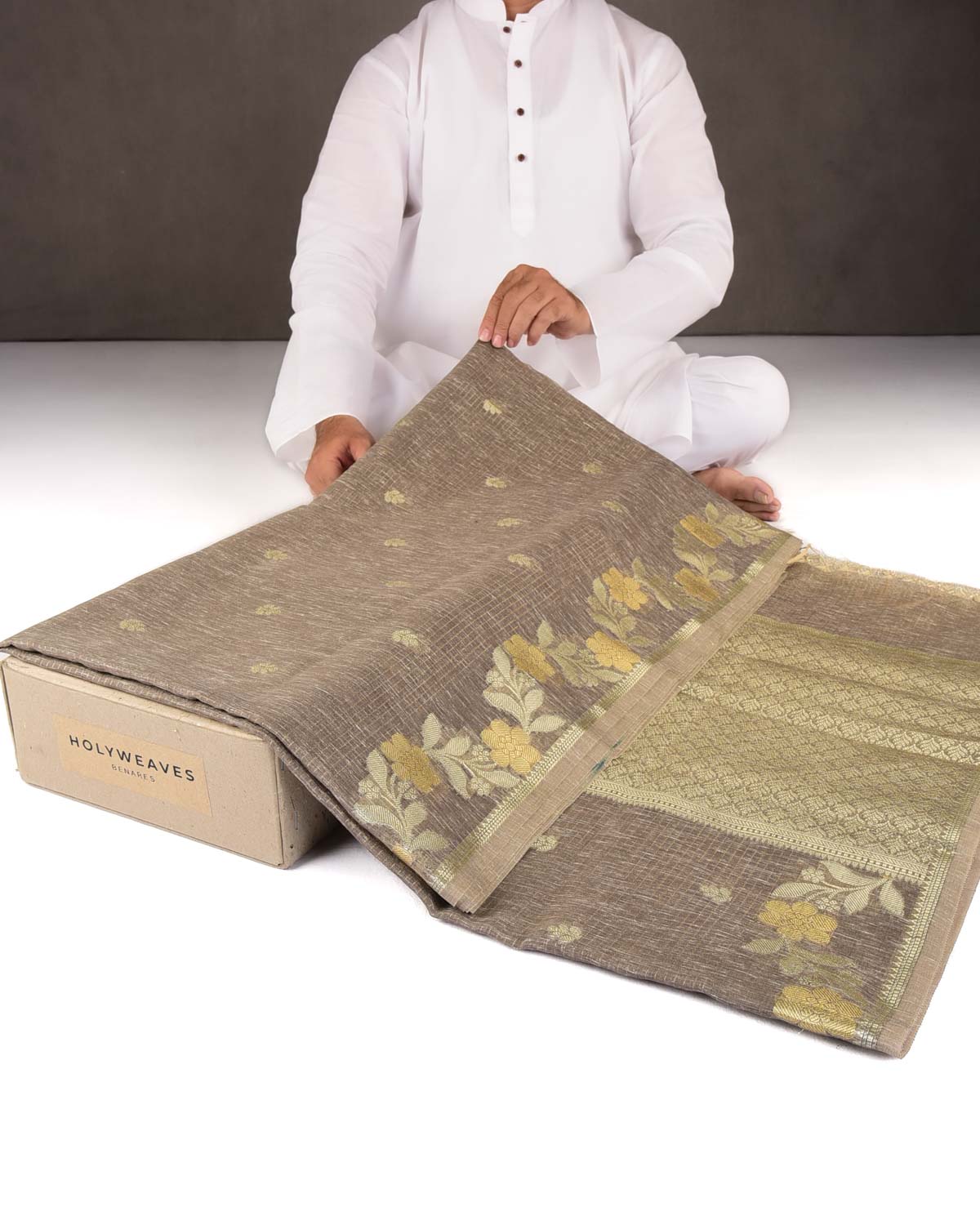 Textured Brown Gold Stripe Silver Buti Cutwork Brocade Woven Art Cotton Silk Banarasi Saree