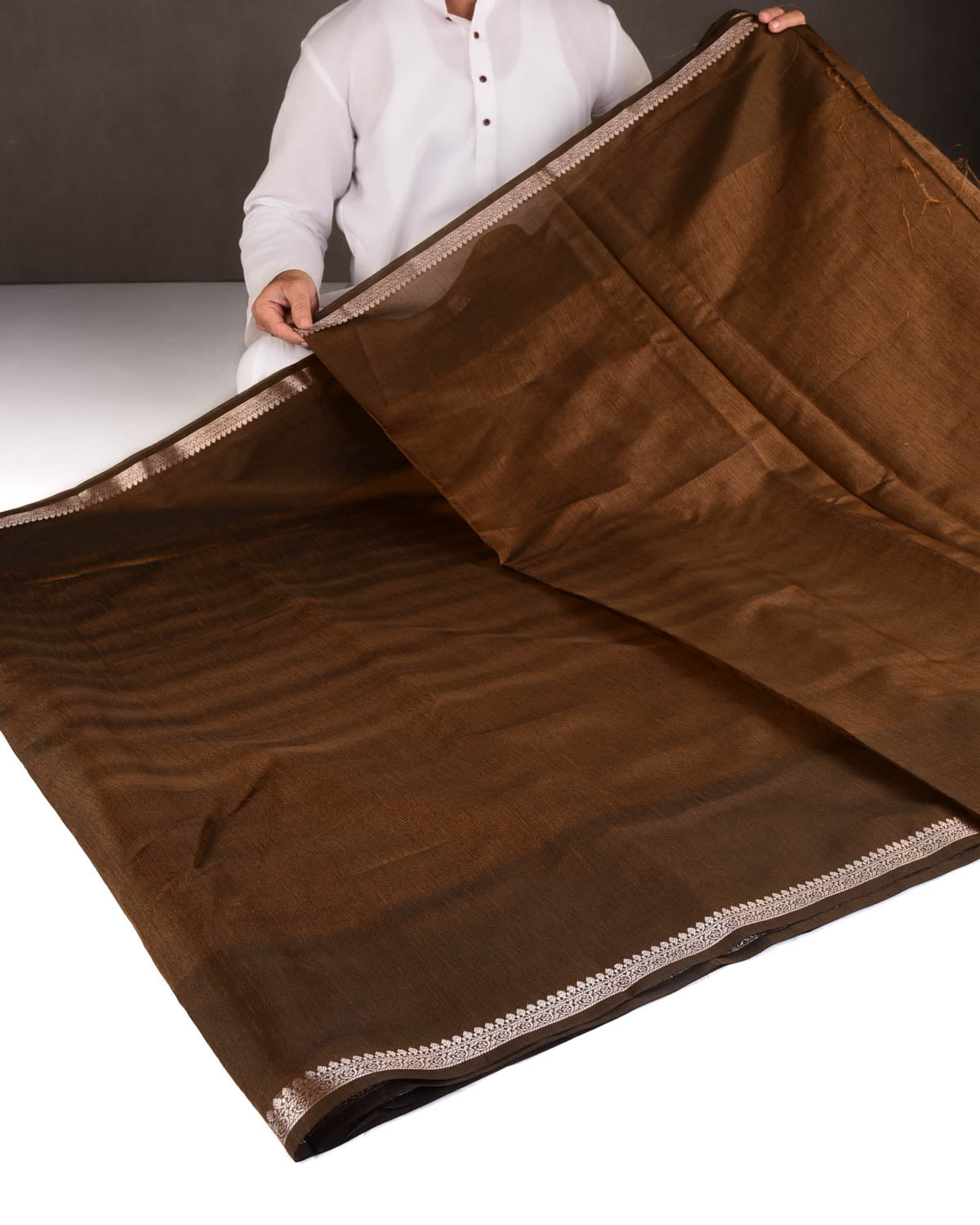 Textured Brown Gold Zari Border Pallu Cutwork Brocade Woven Poly Dupion Banarasi Saree