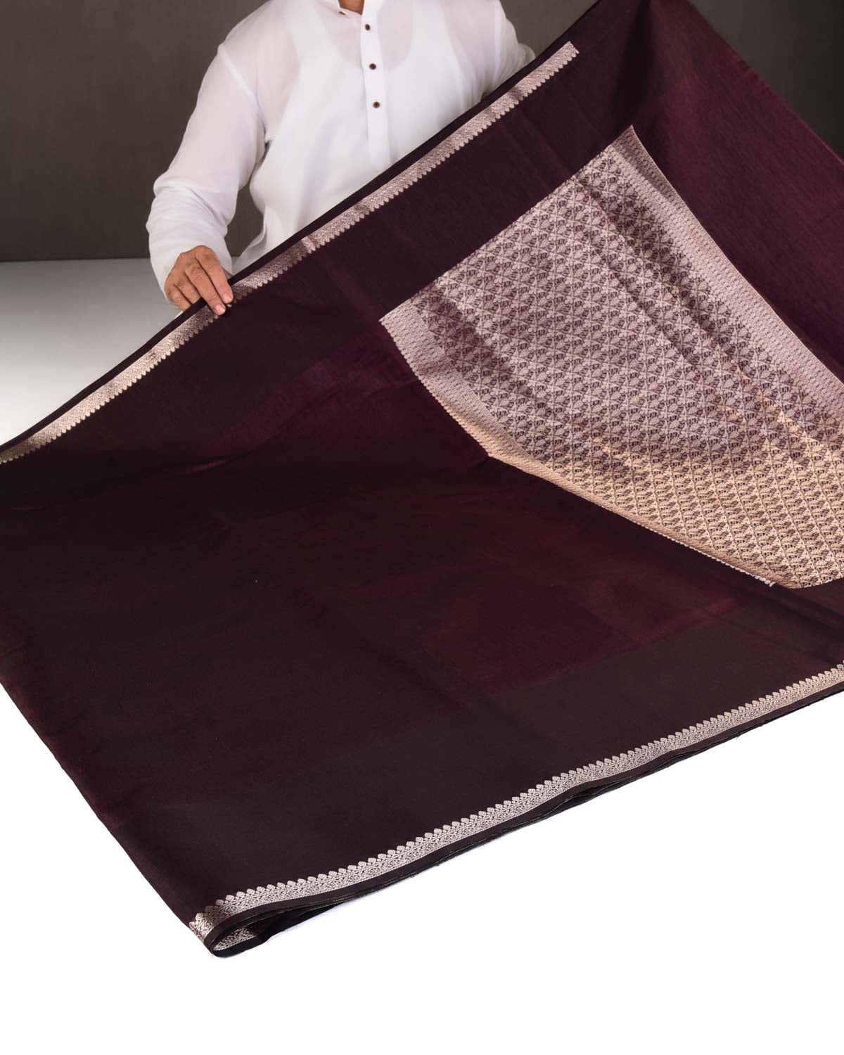 Textured Maroon Gold Zari Border Pallu Cutwork Brocade Woven Poly Dupion Banarasi Saree
