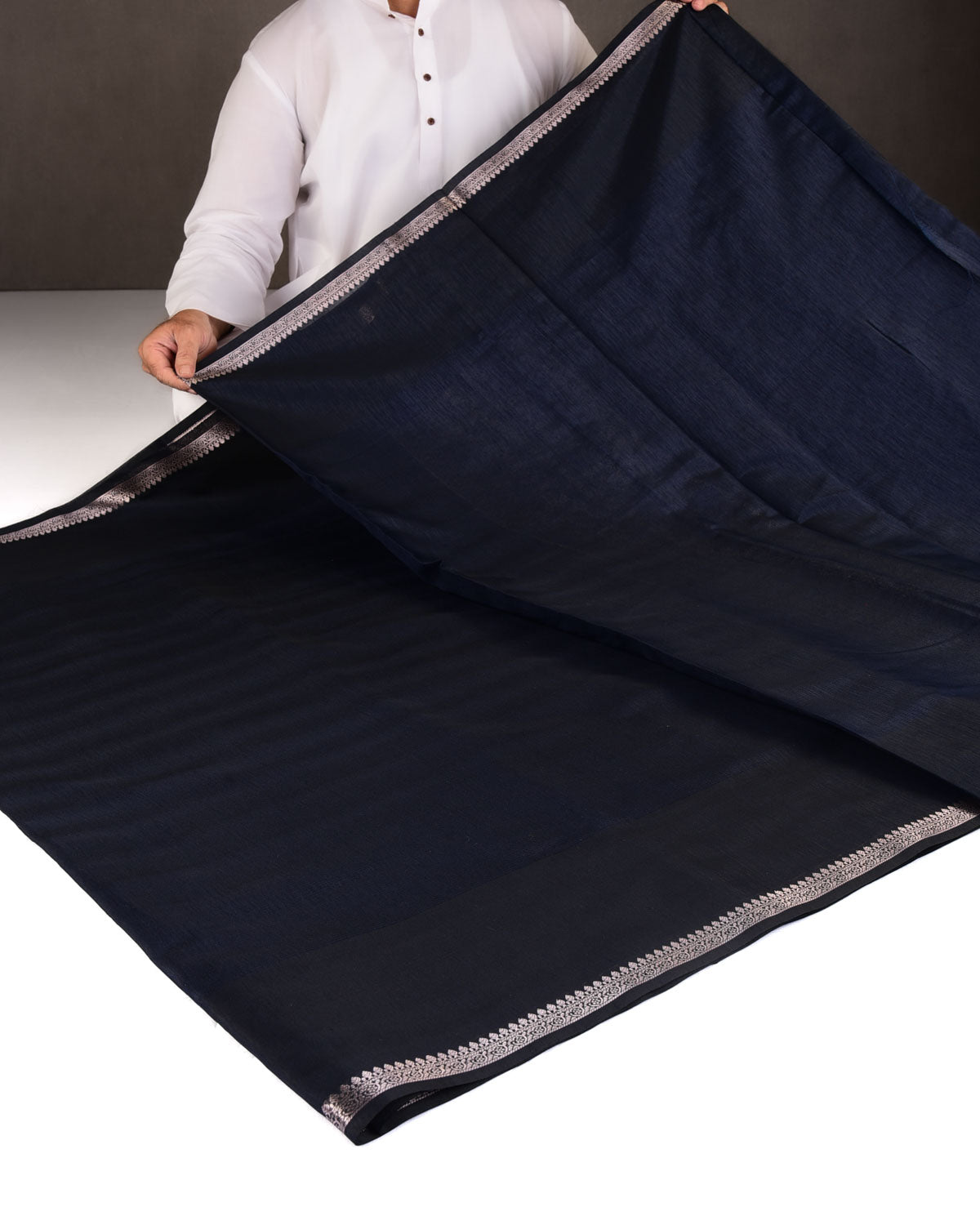 Textured Navy Blue Gold Zari Border Pallu Cutwork Brocade Woven Poly Dupion Banarasi Saree