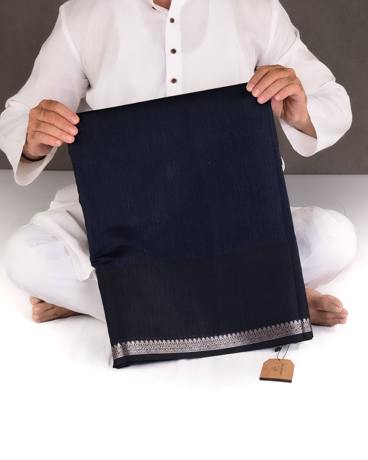 Textured Navy Blue Gold Zari Border Pallu Cutwork Brocade Woven Poly Dupion Banarasi Saree