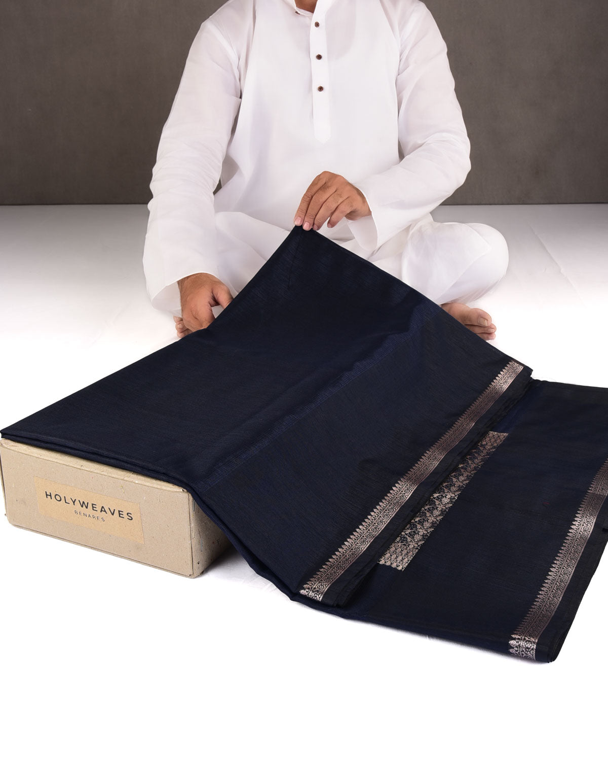 Textured Navy Blue Gold Zari Border Pallu Cutwork Brocade Woven Poly Dupion Banarasi Saree