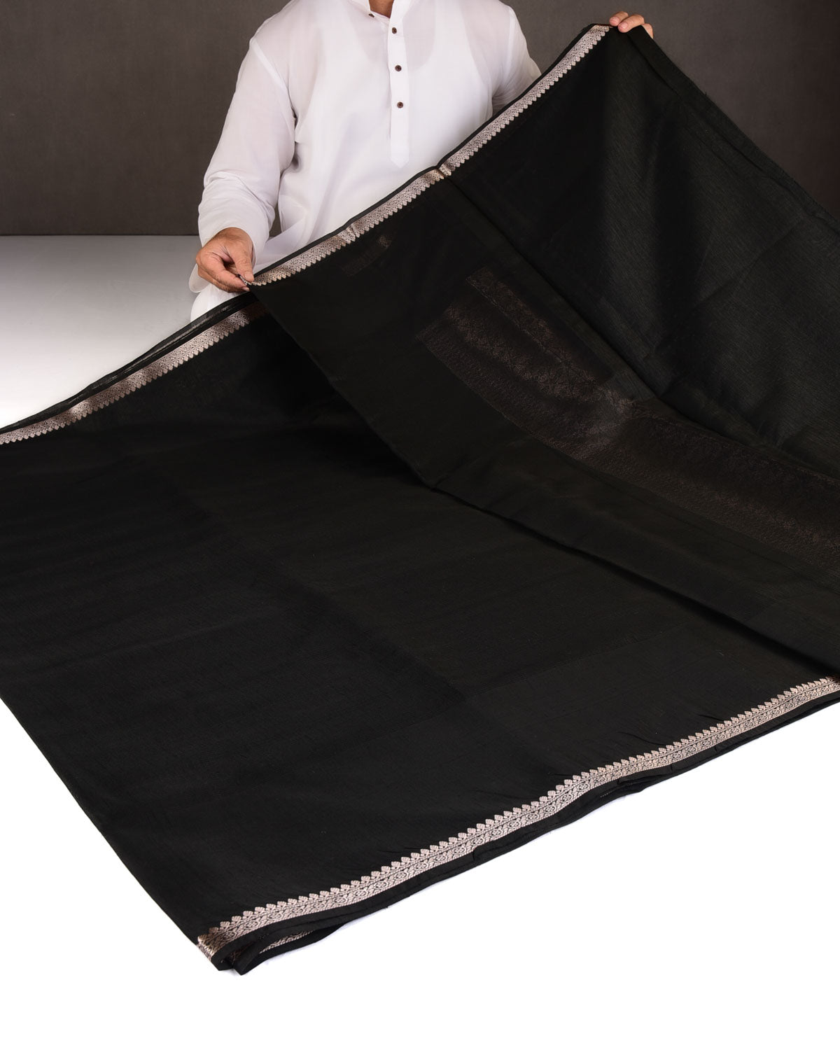 Textured Black Gold Zari Border Pallu Cutwork Brocade Woven Poly Dupion Banarasi Saree