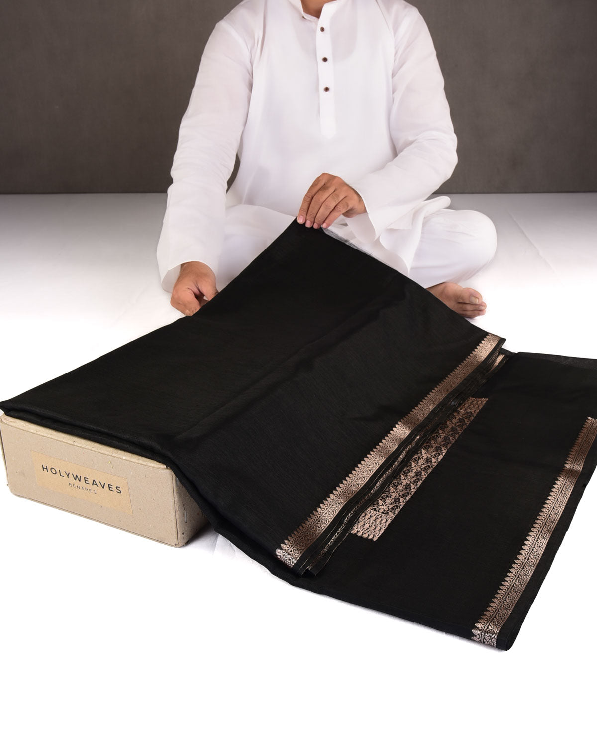 Textured Black Gold Zari Border Pallu Cutwork Brocade Woven Poly Dupion Banarasi Saree