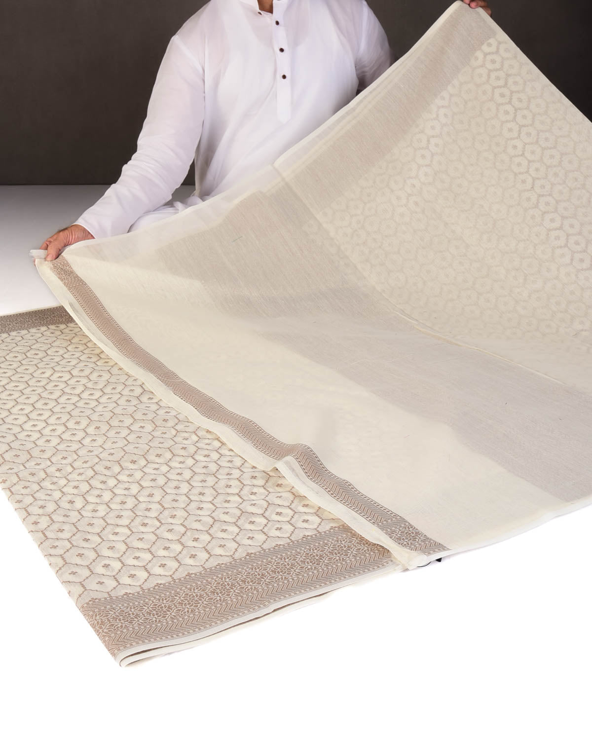Beige Cream Resham Jangla Cutwork Brocade Woven Art Cotton Silk Banarasi Saree