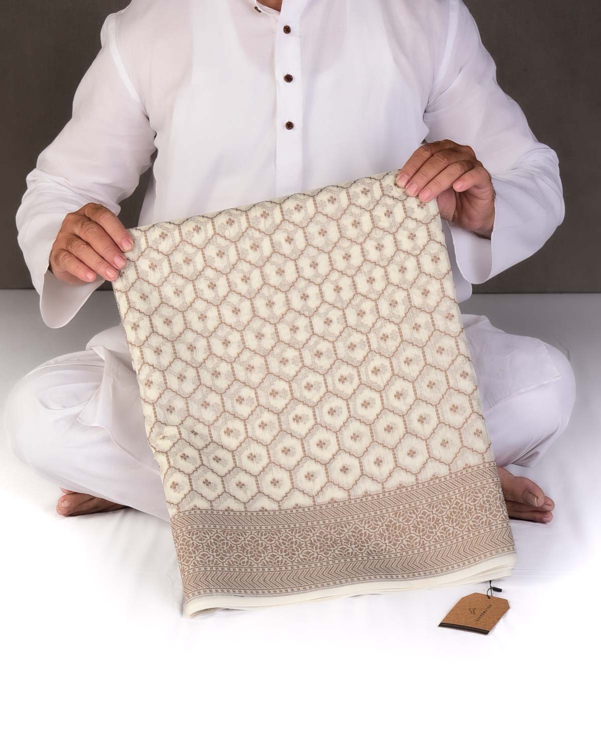 Beige Cream Resham Jangla Cutwork Brocade Woven Art Cotton Silk Banarasi Saree