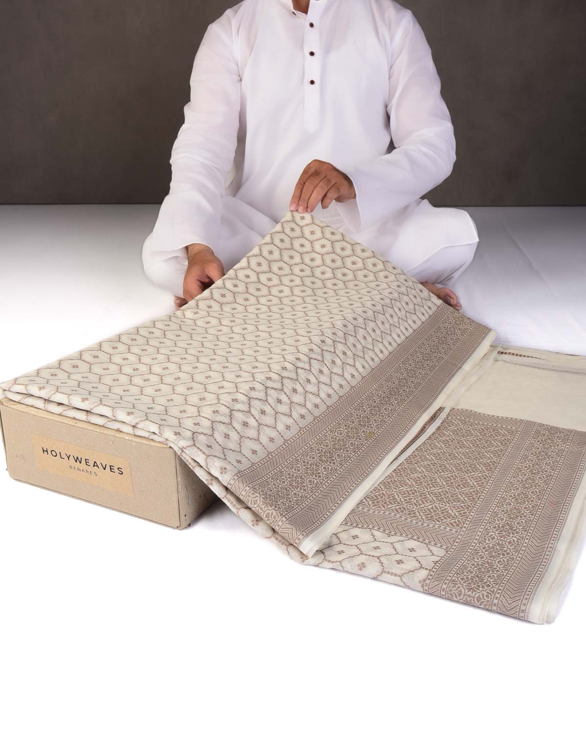 Beige Cream Resham Jangla Cutwork Brocade Woven Art Cotton Silk Banarasi Saree