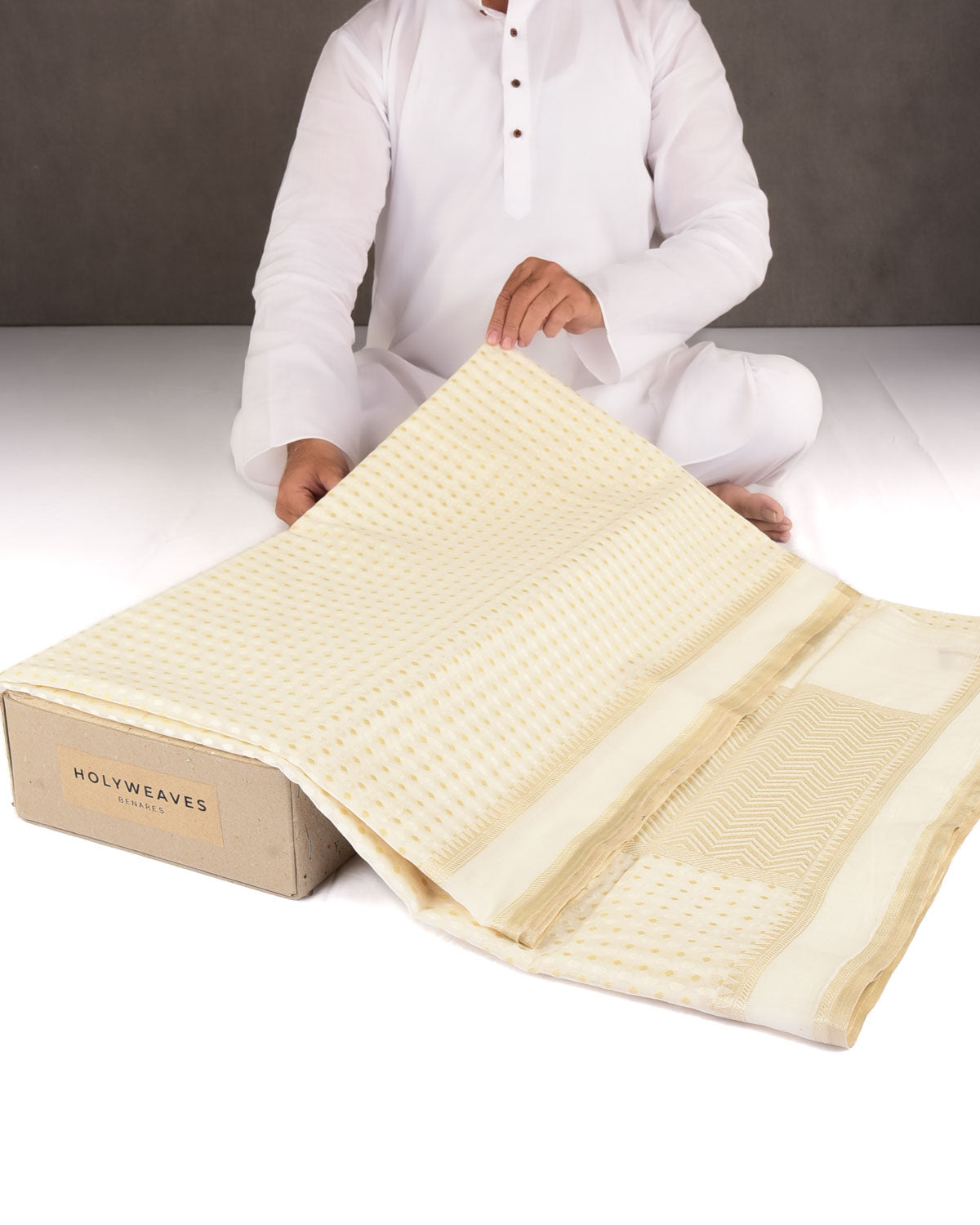 Gold On Cream Mini Polka Dots Cutwork Brocade Woven Art Cotton Silk Banarasi Saree