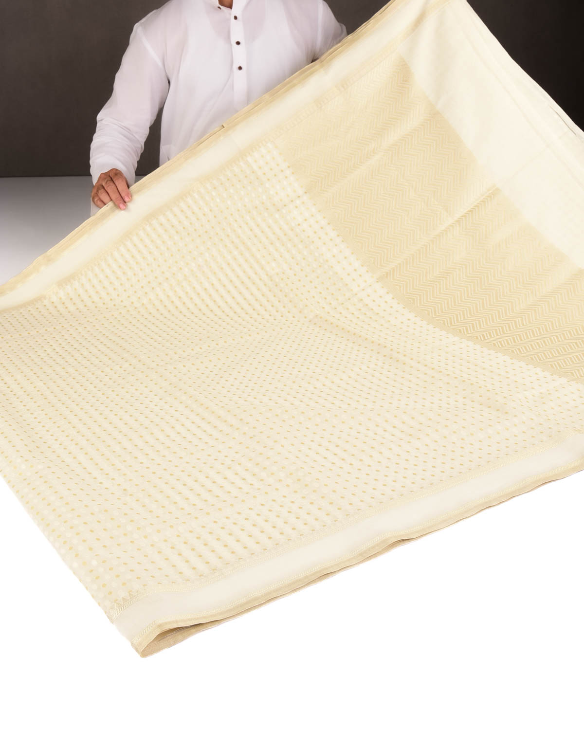 Gold On Cream Mini Polka Dots Cutwork Brocade Woven Art Cotton Silk Banarasi Saree